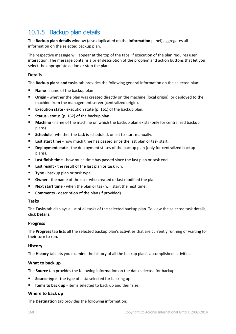 5 backup plan details, P. 168) | Acronis Backup for Linux Server - User Guide User Manual | Page 168 / 210