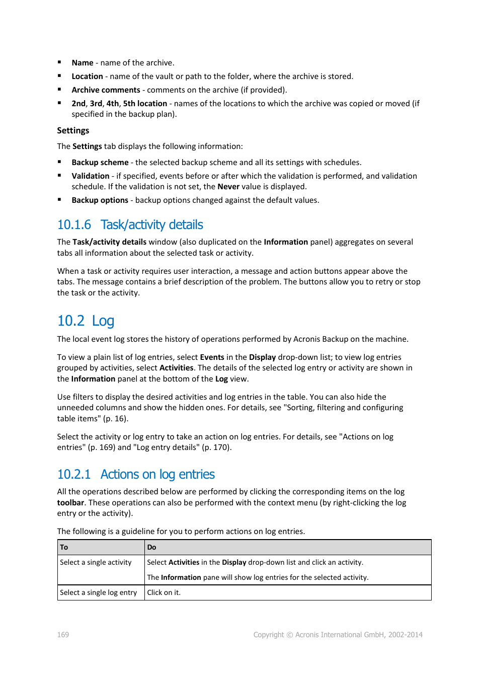 6 task/activity details, 2 log, 1 actions on log entries | Acronis Backup for Linux Server - User Guide User Manual | Page 169 / 210