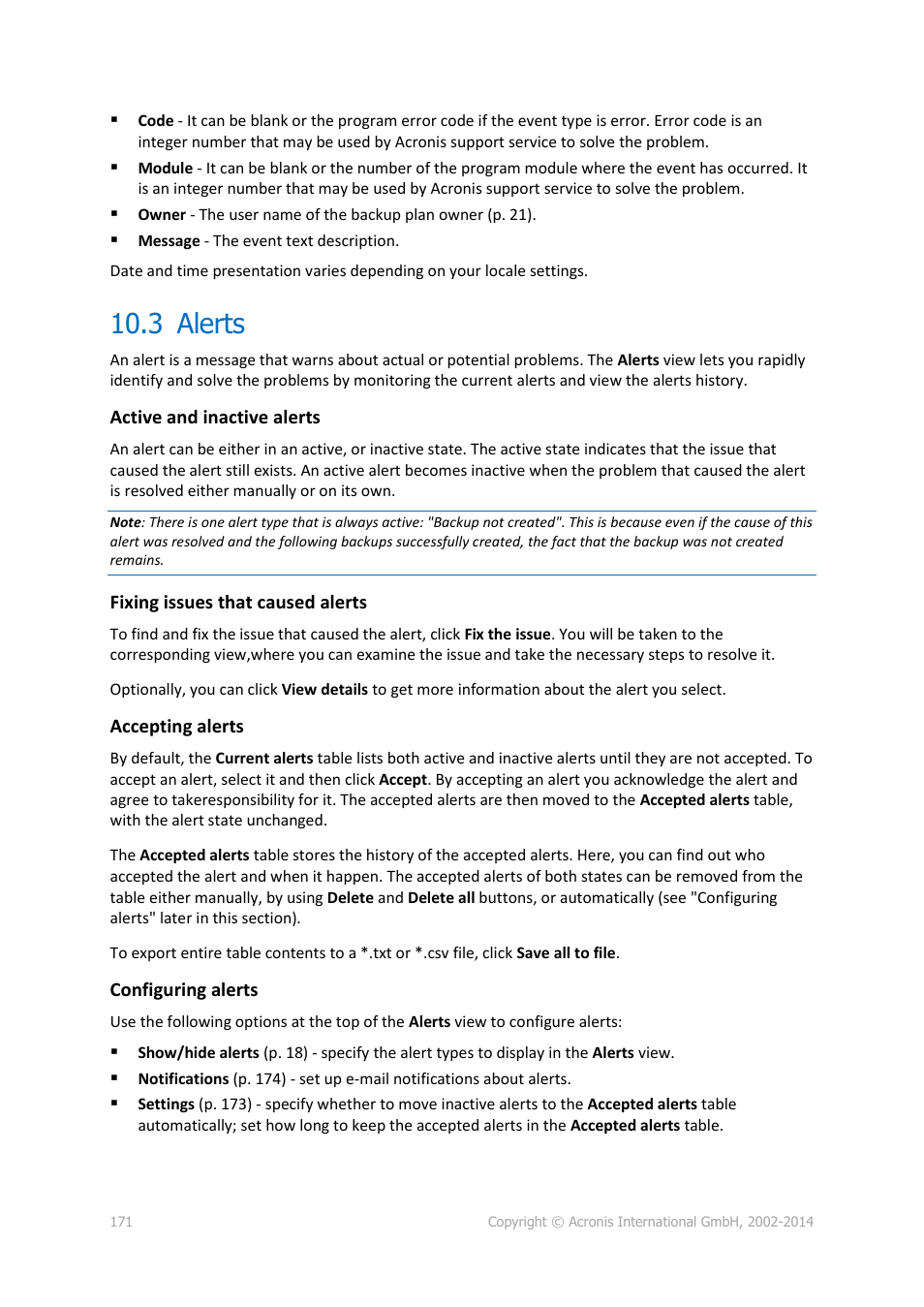 3 alerts, Alerts | Acronis Backup for Linux Server - User Guide User Manual | Page 171 / 210