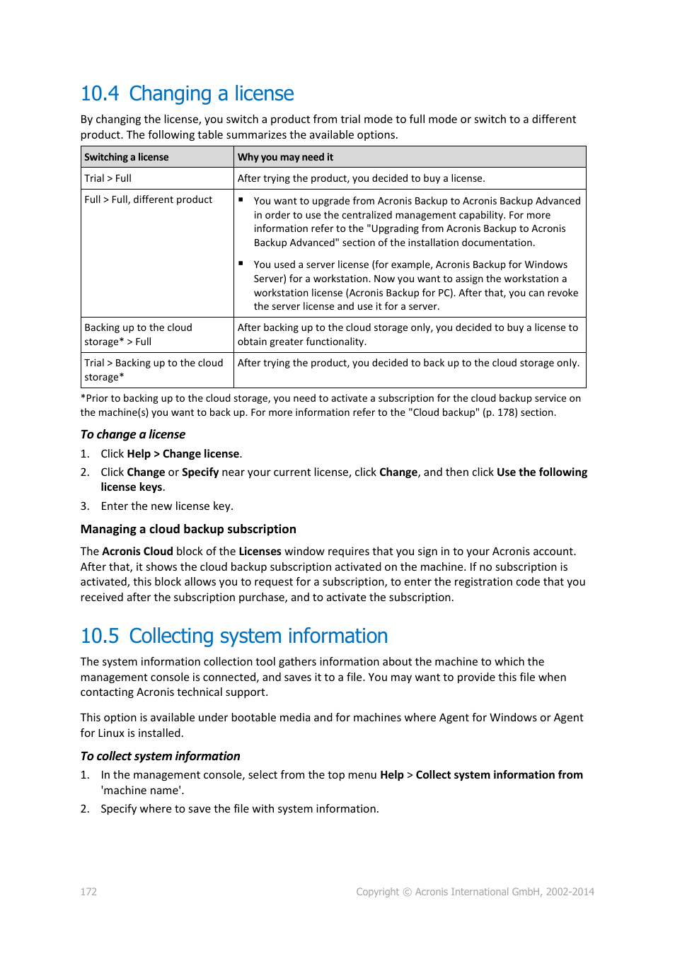 4 changing a license, 5 collecting system information, Changing a license | Collecting system information | Acronis Backup for Linux Server - User Guide User Manual | Page 172 / 210