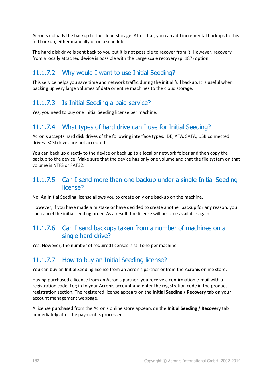 2 why would i want to use initial seeding, 3 is initial seeding a paid service, 7 how to buy an initial seeding license | Acronis Backup for Linux Server - User Guide User Manual | Page 182 / 210
