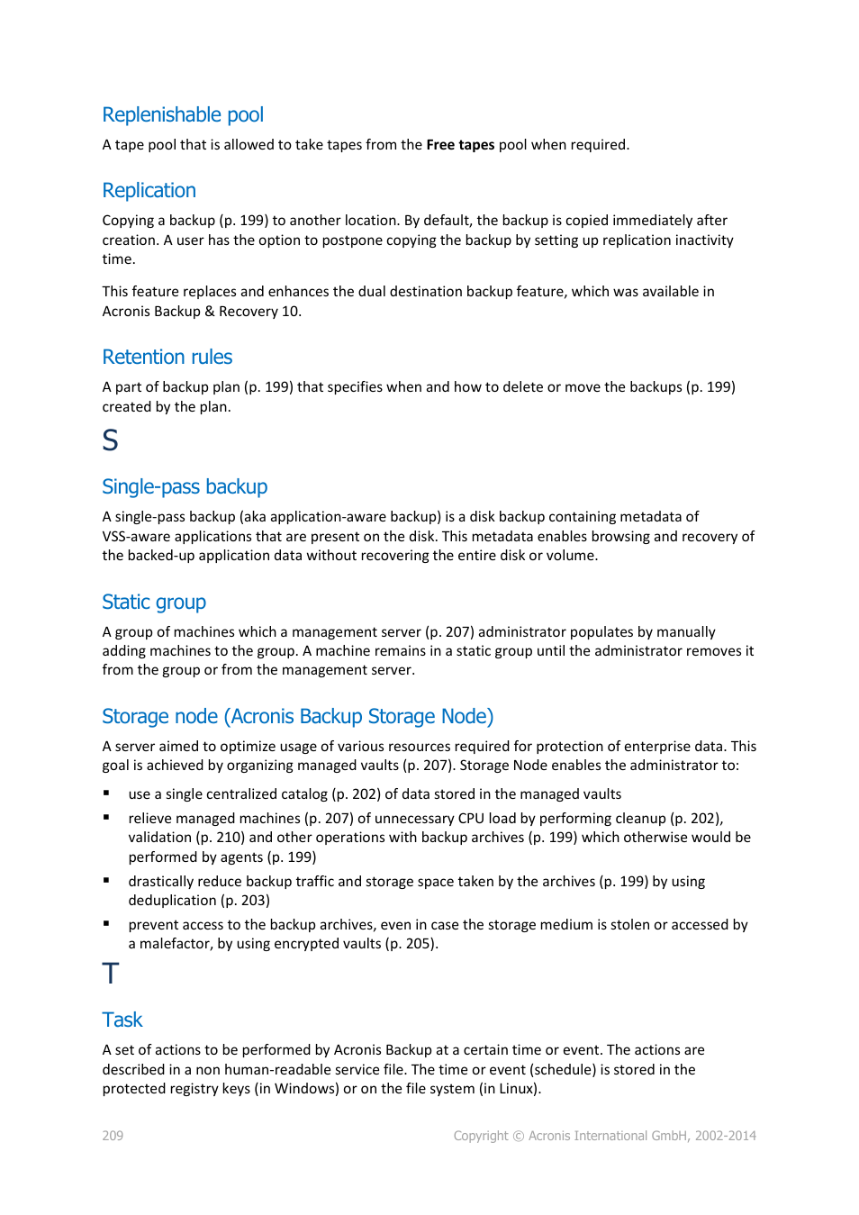 Replenishable pool, Replication, Retention rules | Single-pass backup, Static group, Storage node (acronis backup storage node), Task, P. 209) | Acronis Backup for Linux Server - User Guide User Manual | Page 209 / 210