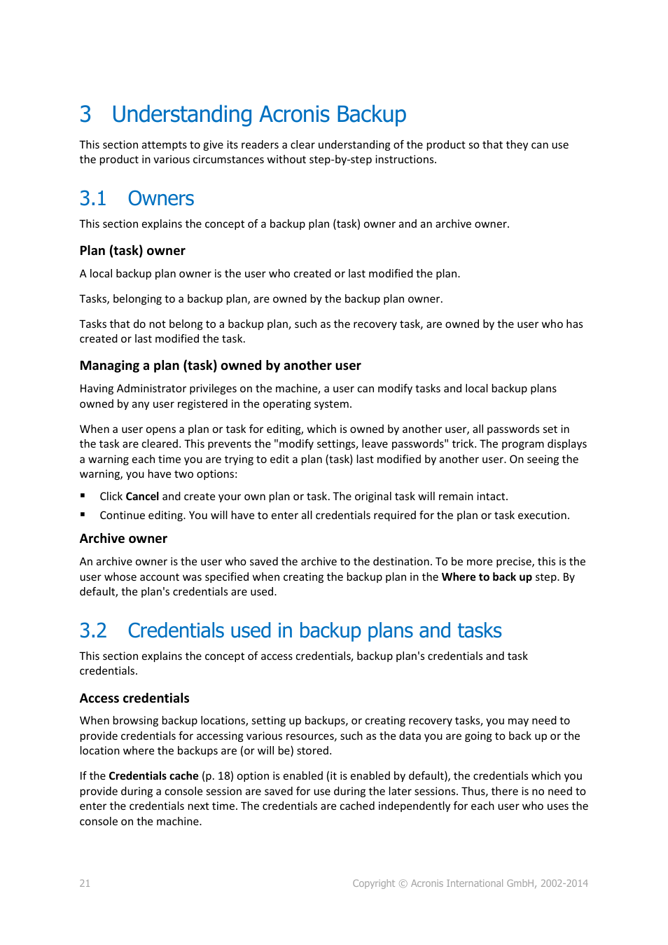 3 understanding acronis backup, 1 owners, 2 credentials used in backup plans and tasks | Understanding acronis backup, Owners, Credentials used in backup plans and tasks | Acronis Backup for Linux Server - User Guide User Manual | Page 21 / 210