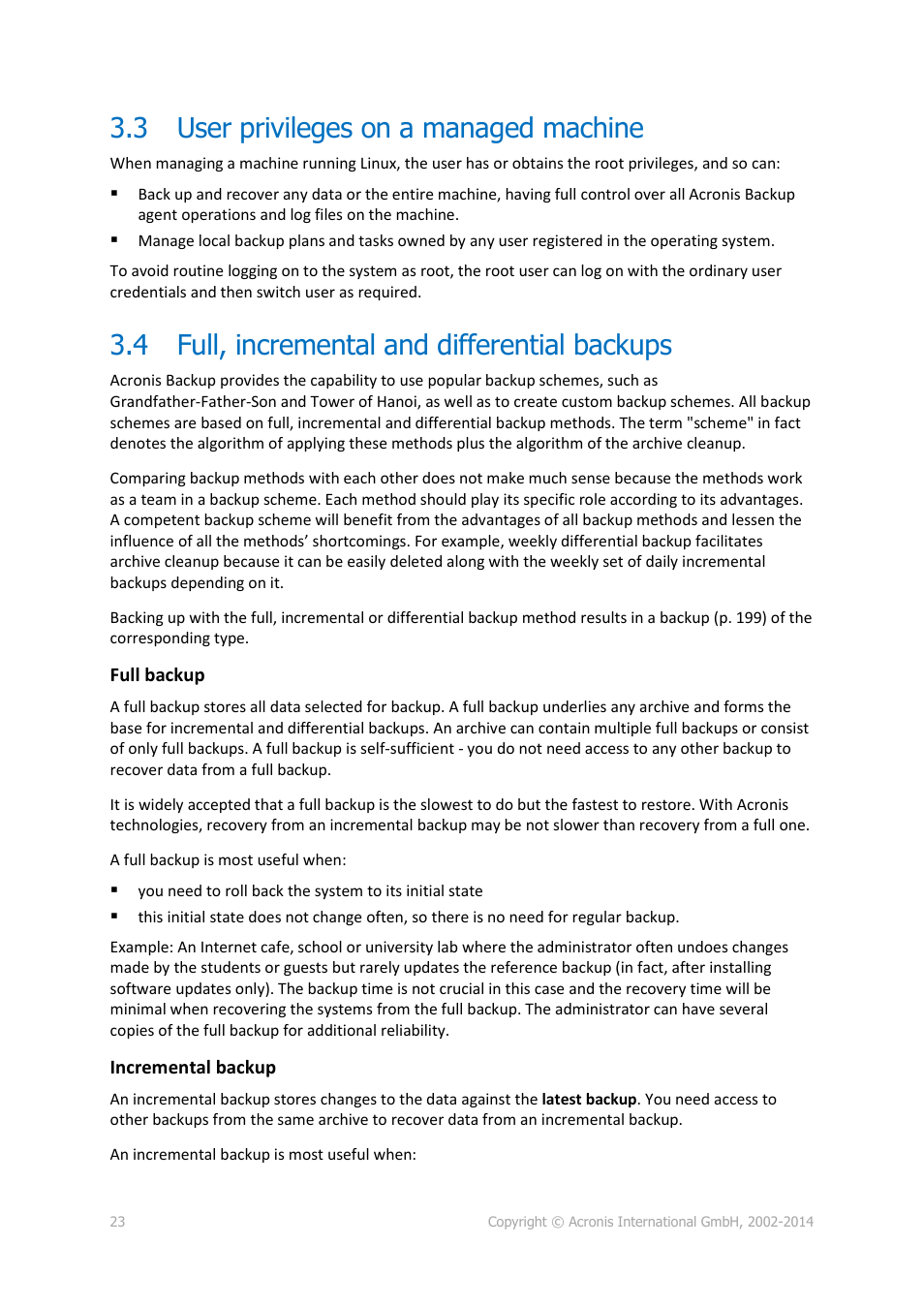 3 user privileges on a managed machine, 4 full, incremental and differential backups, User privileges on a managed machine | Full, incremental and differential backups | Acronis Backup for Linux Server - User Guide User Manual | Page 23 / 210
