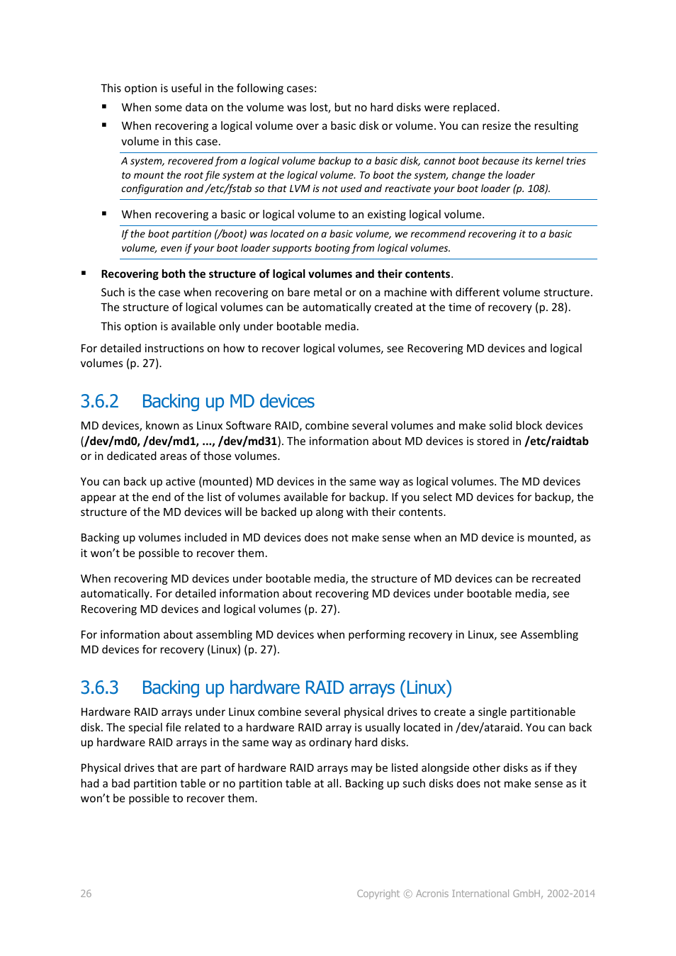 2 backing up md devices, 3 backing up hardware raid arrays (linux), Backing up md devices | Backing up hardware raid arrays (linux) | Acronis Backup for Linux Server - User Guide User Manual | Page 26 / 210