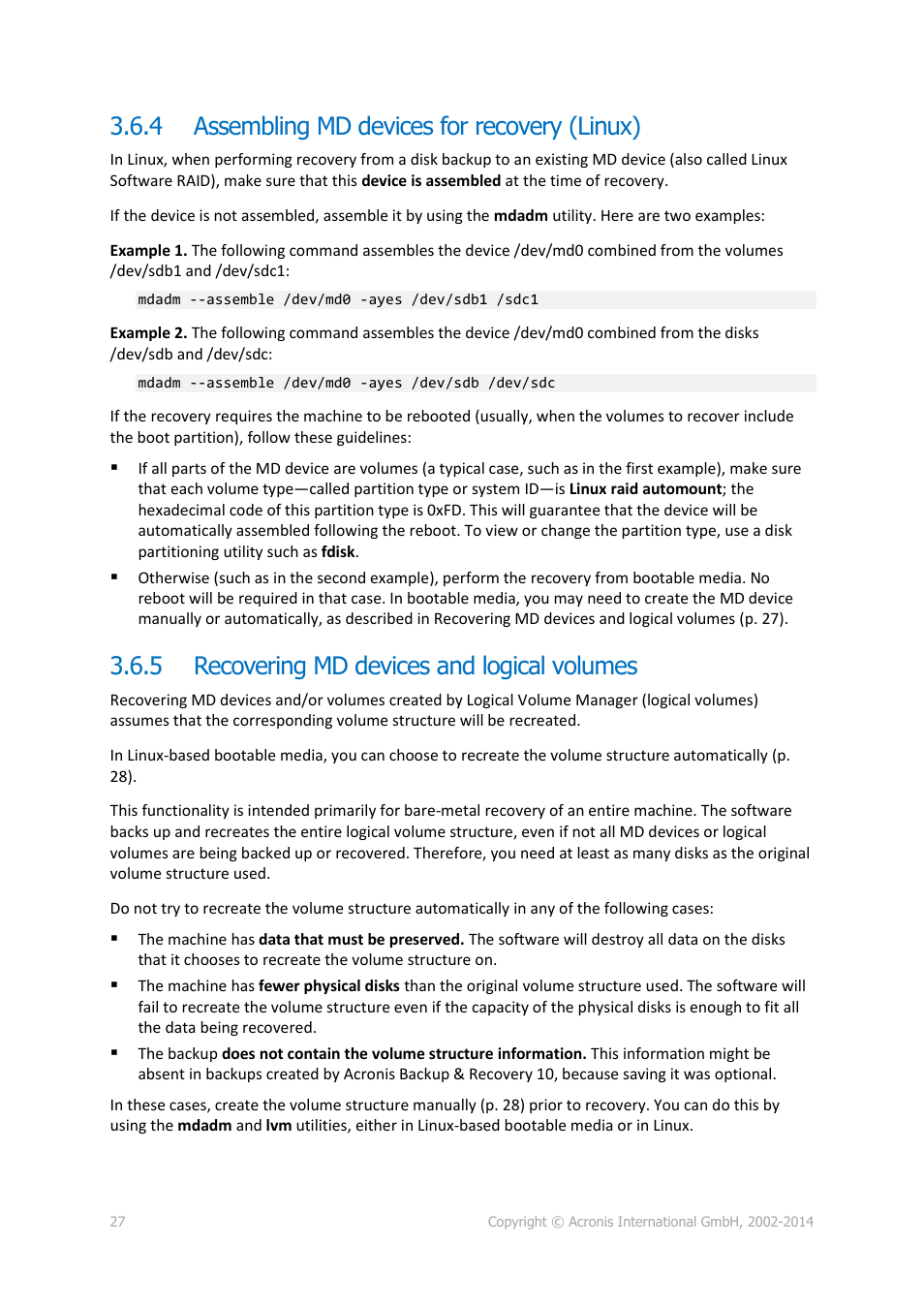 4 assembling md devices for recovery (linux), 5 recovering md devices and logical volumes, Assembling md devices for recovery (linux) | Recovering md devices and logical volumes, P. 27) | Acronis Backup for Linux Server - User Guide User Manual | Page 27 / 210