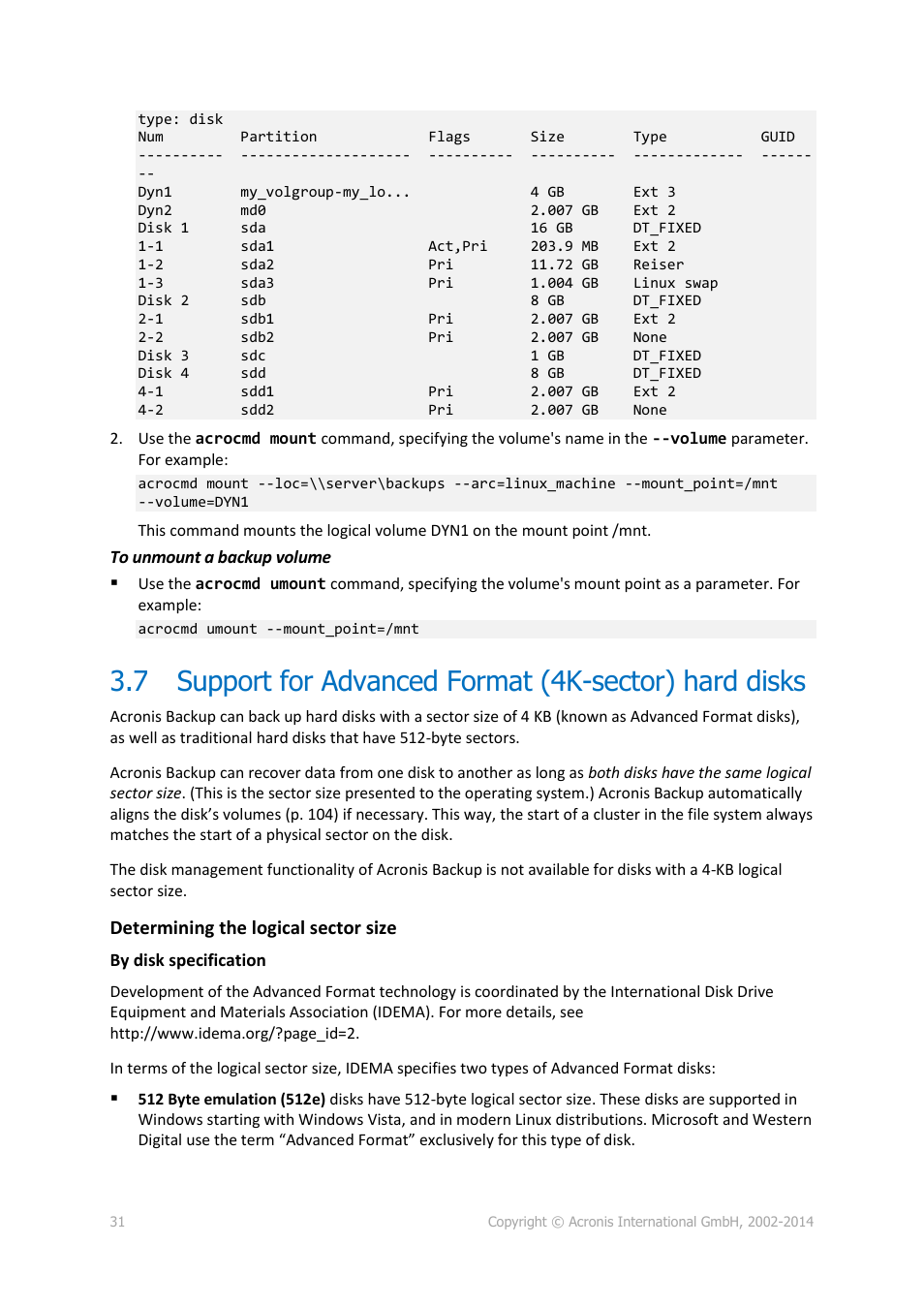 Support for advanced format (4k-sector) hard disks | Acronis Backup for Linux Server - User Guide User Manual | Page 31 / 210
