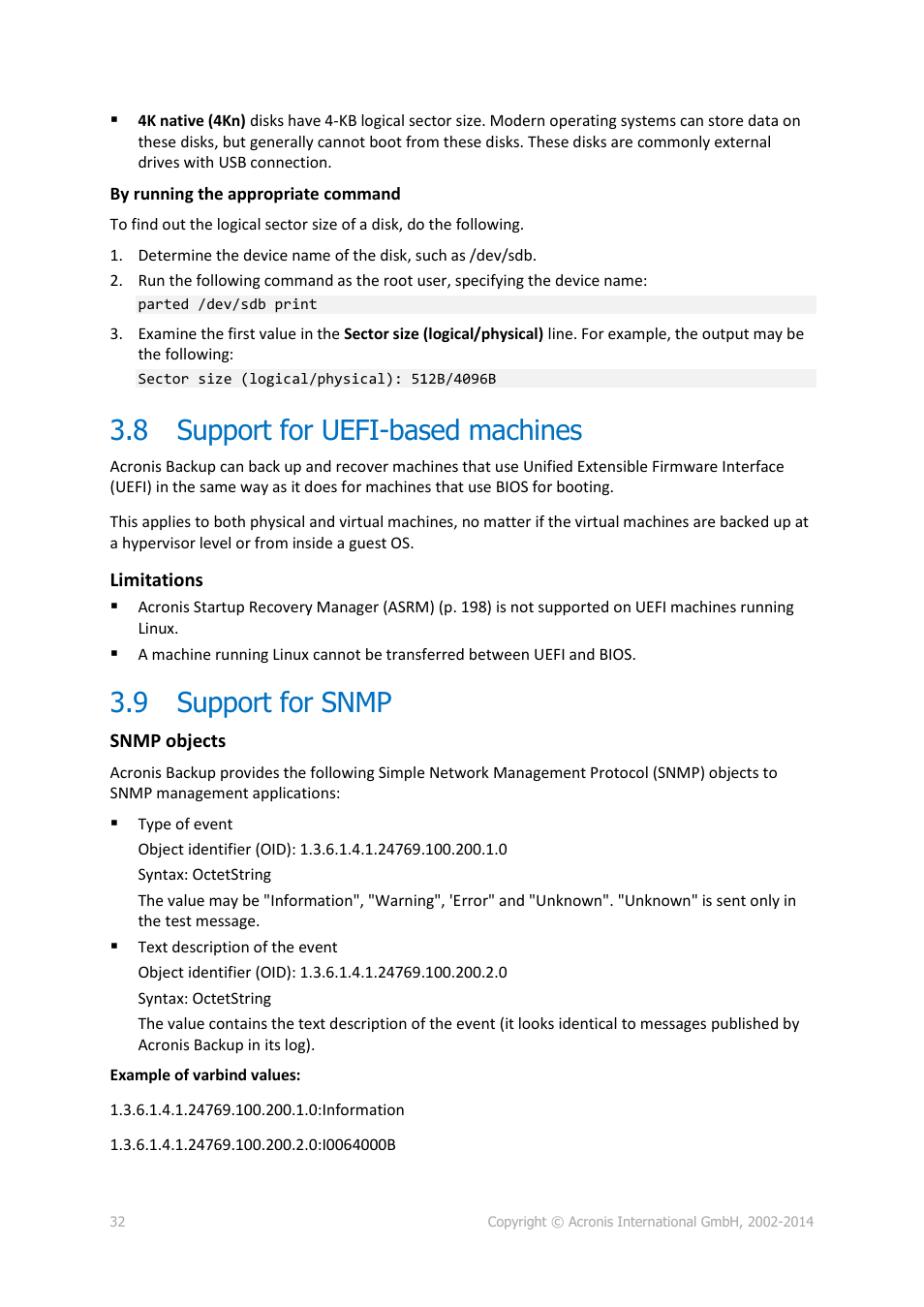 8 support for uefi-based machines, 9 support for snmp, Support for uefi-based machines | Support for snmp | Acronis Backup for Linux Server - User Guide User Manual | Page 32 / 210
