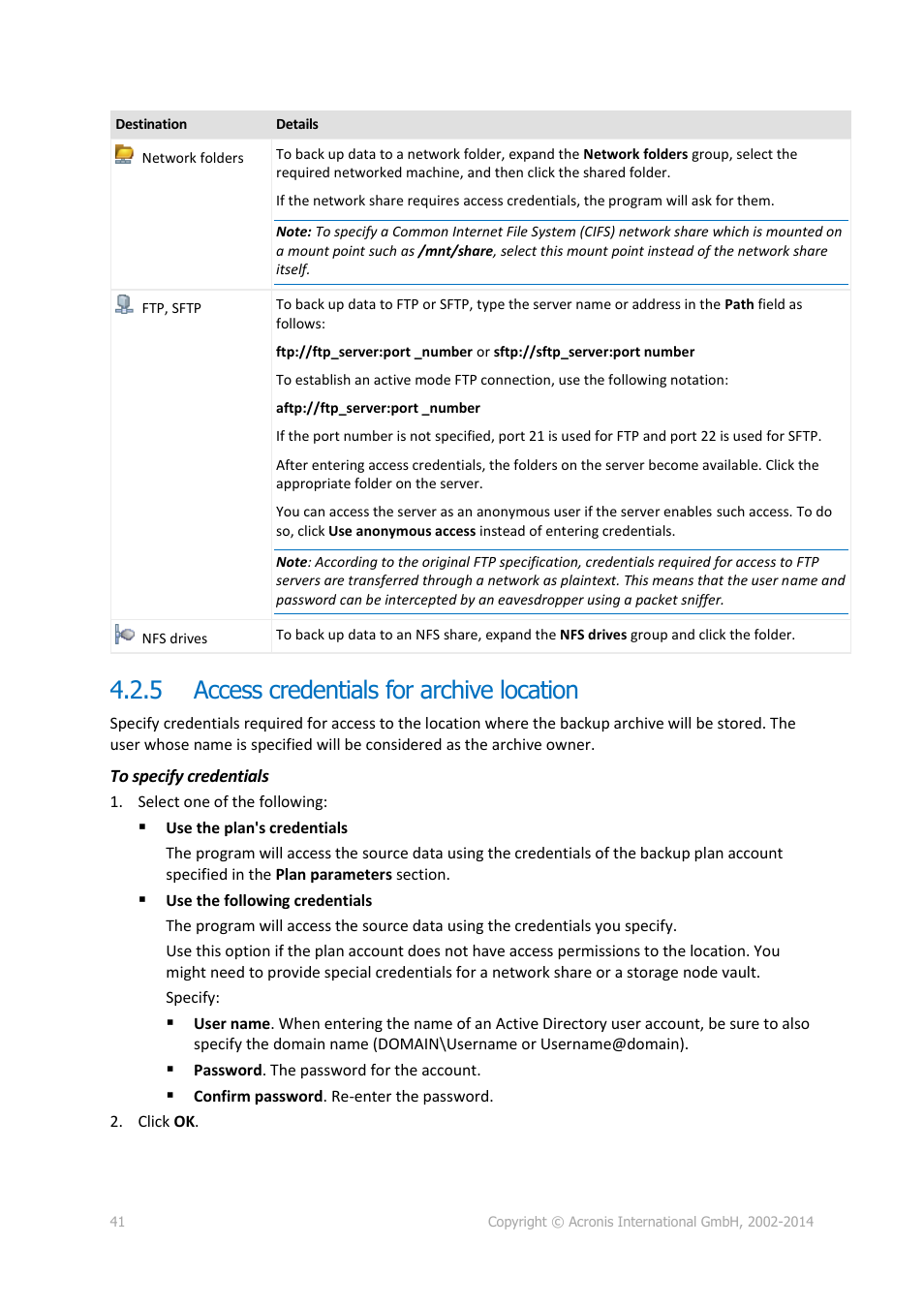 5 access credentials for archive location, Access credentials for archive location, P. 41) | Acronis Backup for Linux Server - User Guide User Manual | Page 41 / 210