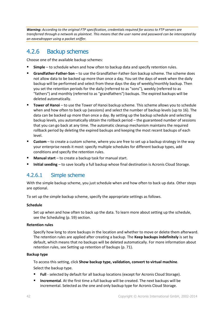 6 backup schemes, 1 simple scheme, Backup schemes | P. 42) | Acronis Backup for Linux Server - User Guide User Manual | Page 42 / 210