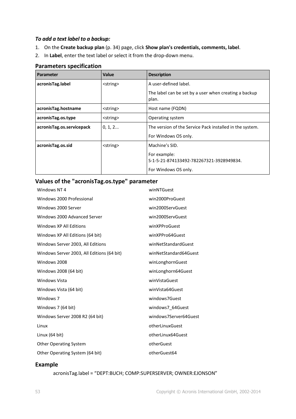 Parameters specification, Values of the "acronistag.os.type" parameter, Example | Acronis Backup for Linux Server - User Guide User Manual | Page 53 / 210