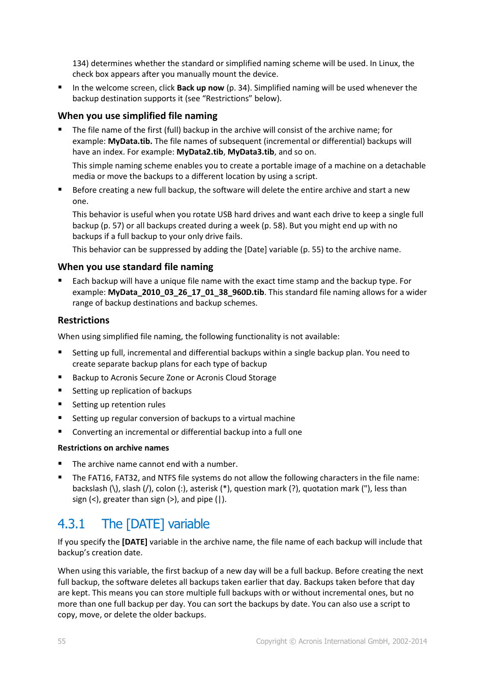 1 the [date] variable, The [date] variable | Acronis Backup for Linux Server - User Guide User Manual | Page 55 / 210