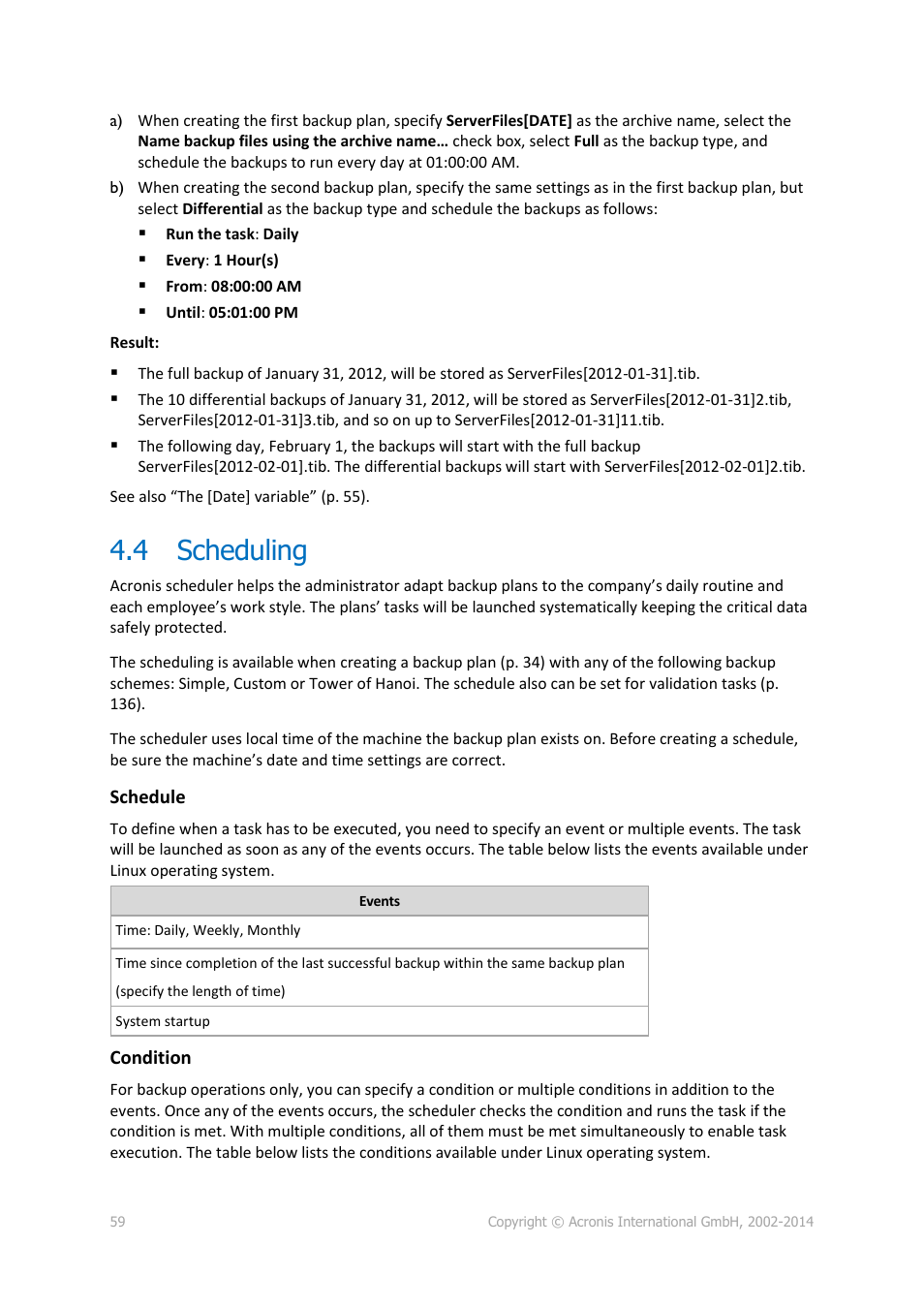 4 scheduling, Scheduling, P. 59) | Acronis Backup for Linux Server - User Guide User Manual | Page 59 / 210