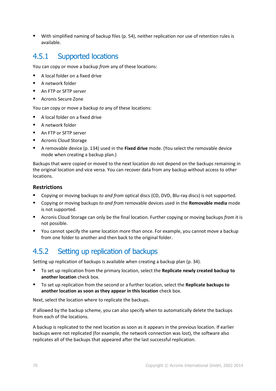 1 supported locations, 2 setting up replication of backups, Supported locations | Setting up replication of backups | Acronis Backup for Linux Server - User Guide User Manual | Page 70 / 210