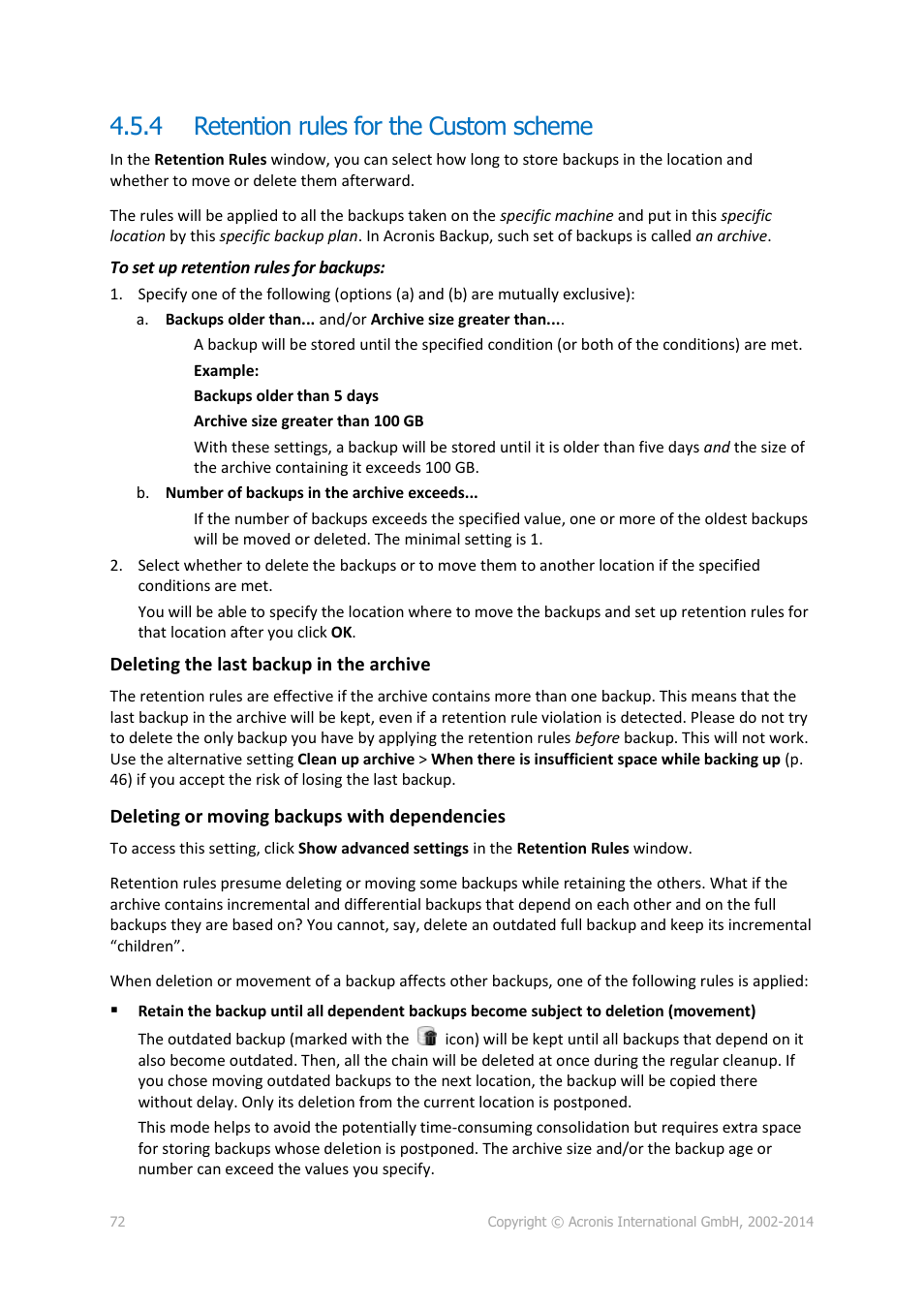 4 retention rules for the custom scheme, Retention rules for the custom scheme | Acronis Backup for Linux Server - User Guide User Manual | Page 72 / 210