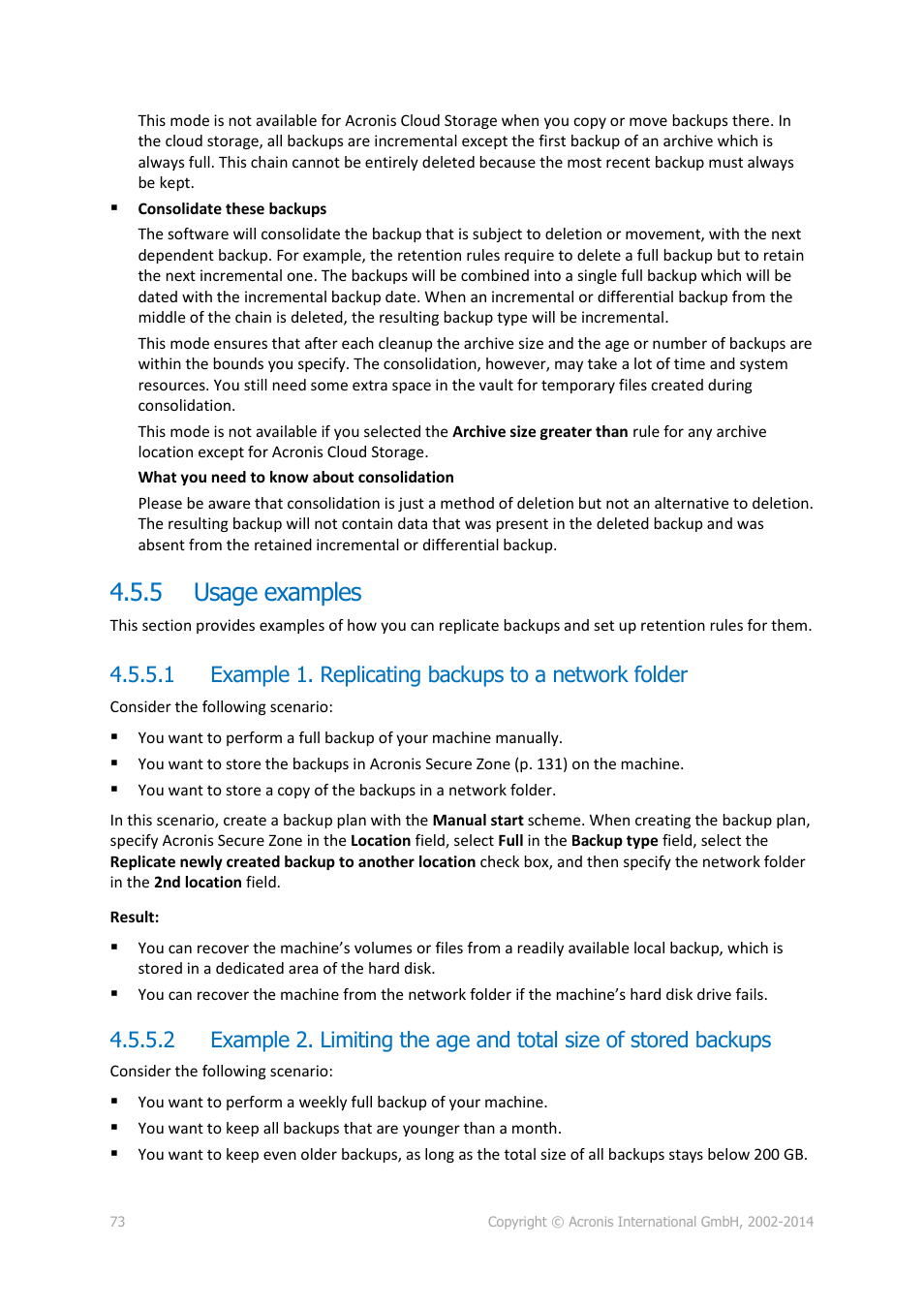 5 usage examples, Usage examples, P. 73) | Acronis Backup for Linux Server - User Guide User Manual | Page 73 / 210