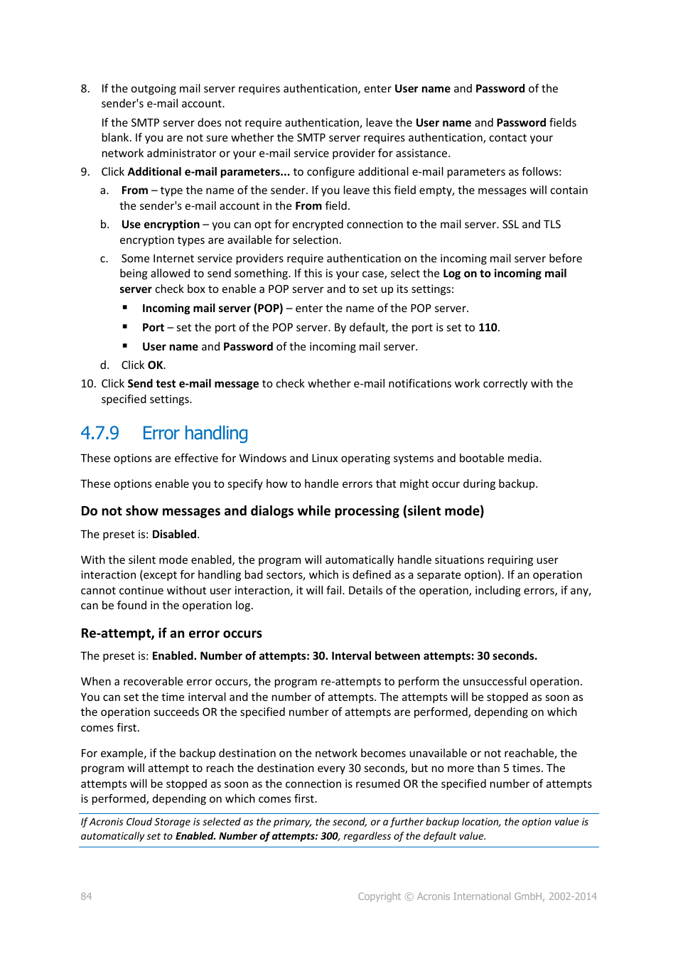 9 error handling, Error handling | Acronis Backup for Linux Server - User Guide User Manual | Page 84 / 210