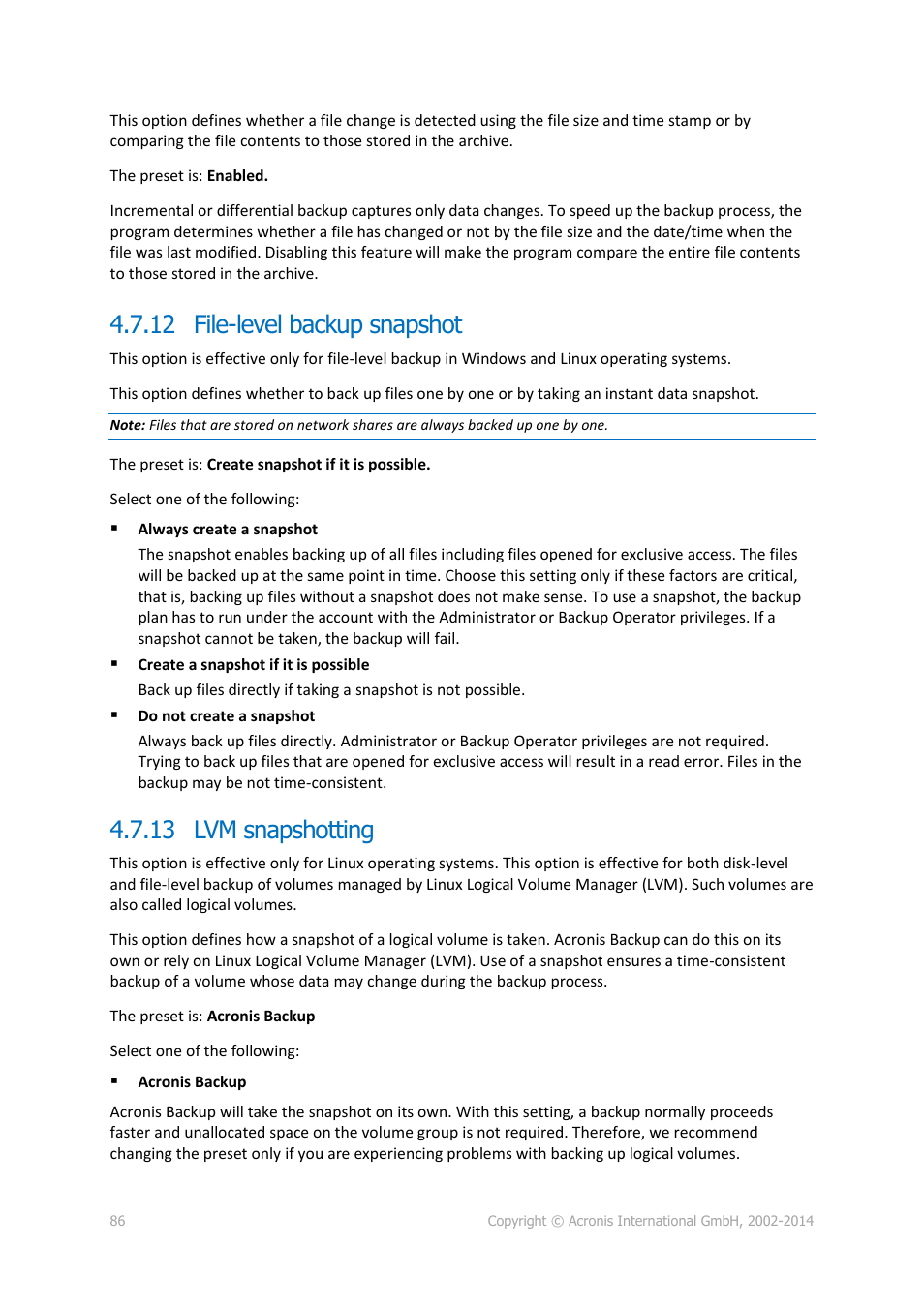 12 file-level backup snapshot, 13 lvm snapshotting | Acronis Backup for Linux Server - User Guide User Manual | Page 86 / 210
