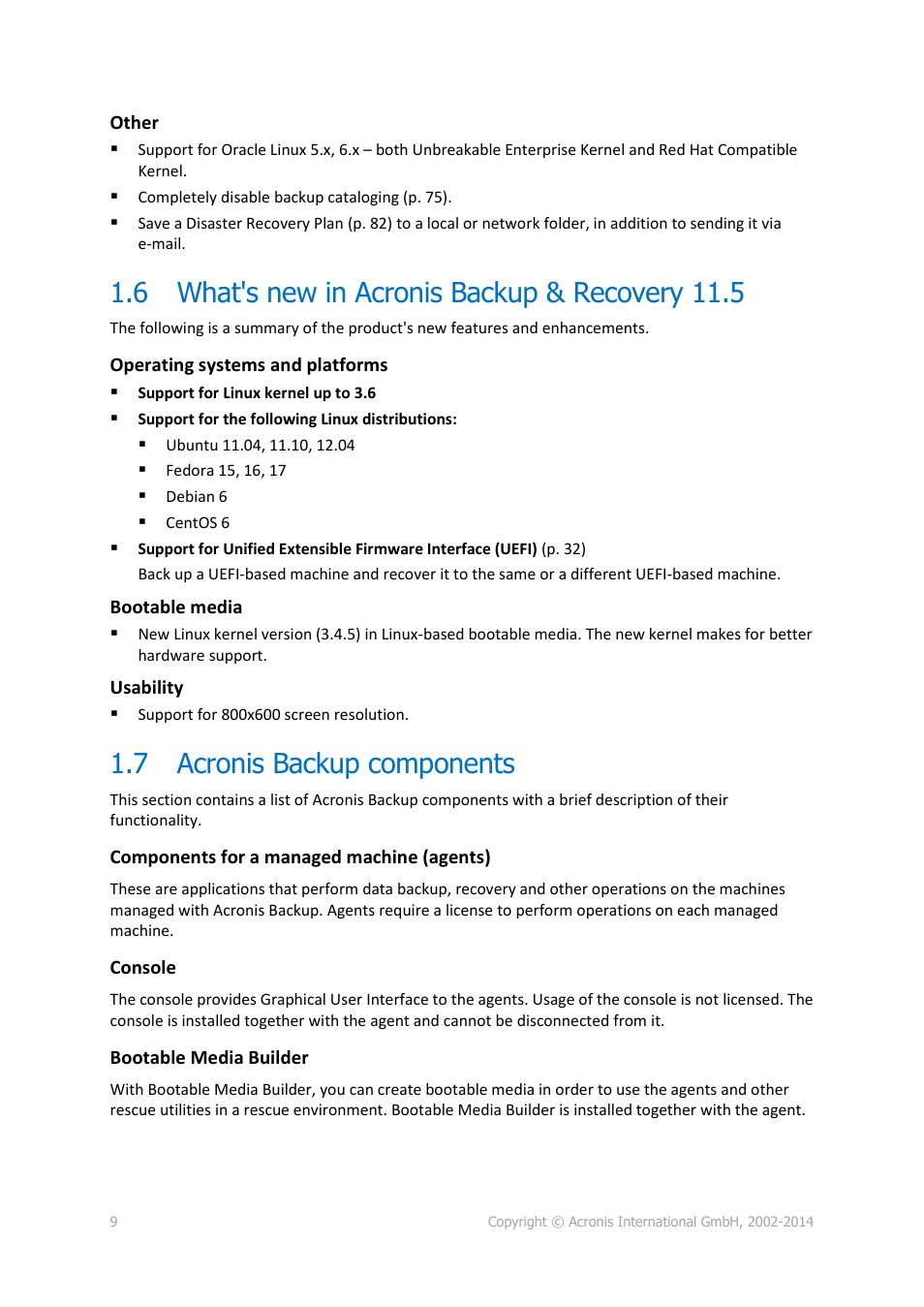6 what's new in acronis backup & recovery 11.5, 7 acronis backup components, What's new in acronis backup & recovery 11.5 | Acronis backup components | Acronis Backup for Linux Server - User Guide User Manual | Page 9 / 210