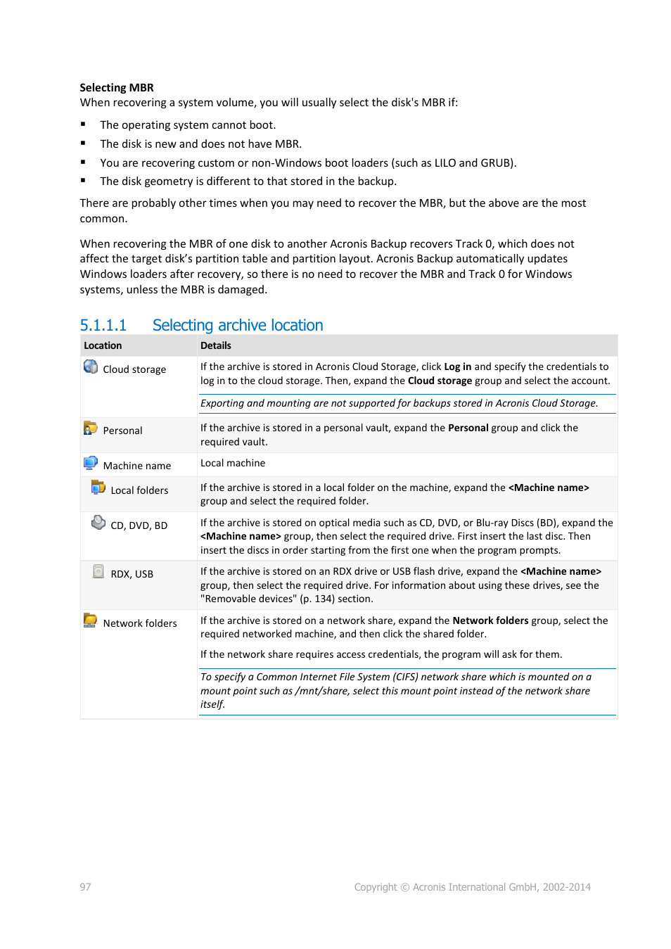 1 selecting archive location | Acronis Backup for Linux Server - User Guide User Manual | Page 97 / 210