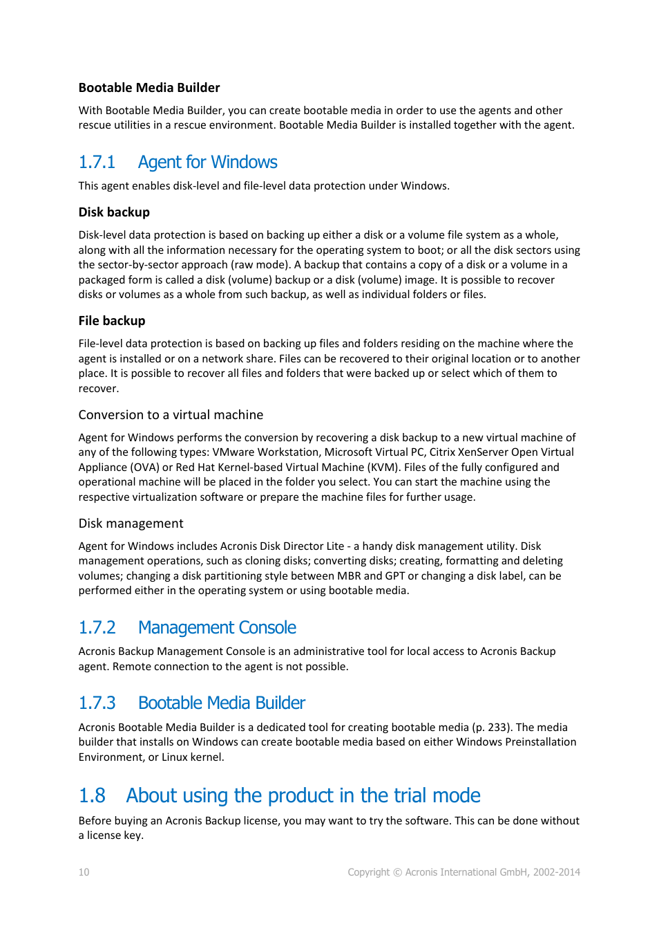 1 agent for windows, 2 management console, 3 bootable media builder | 8 about using the product in the trial mode, Agent for windows, Management console, Bootable media builder, About using the product in the trial mode | Acronis Backup for PC - User Guide User Manual | Page 10 / 243