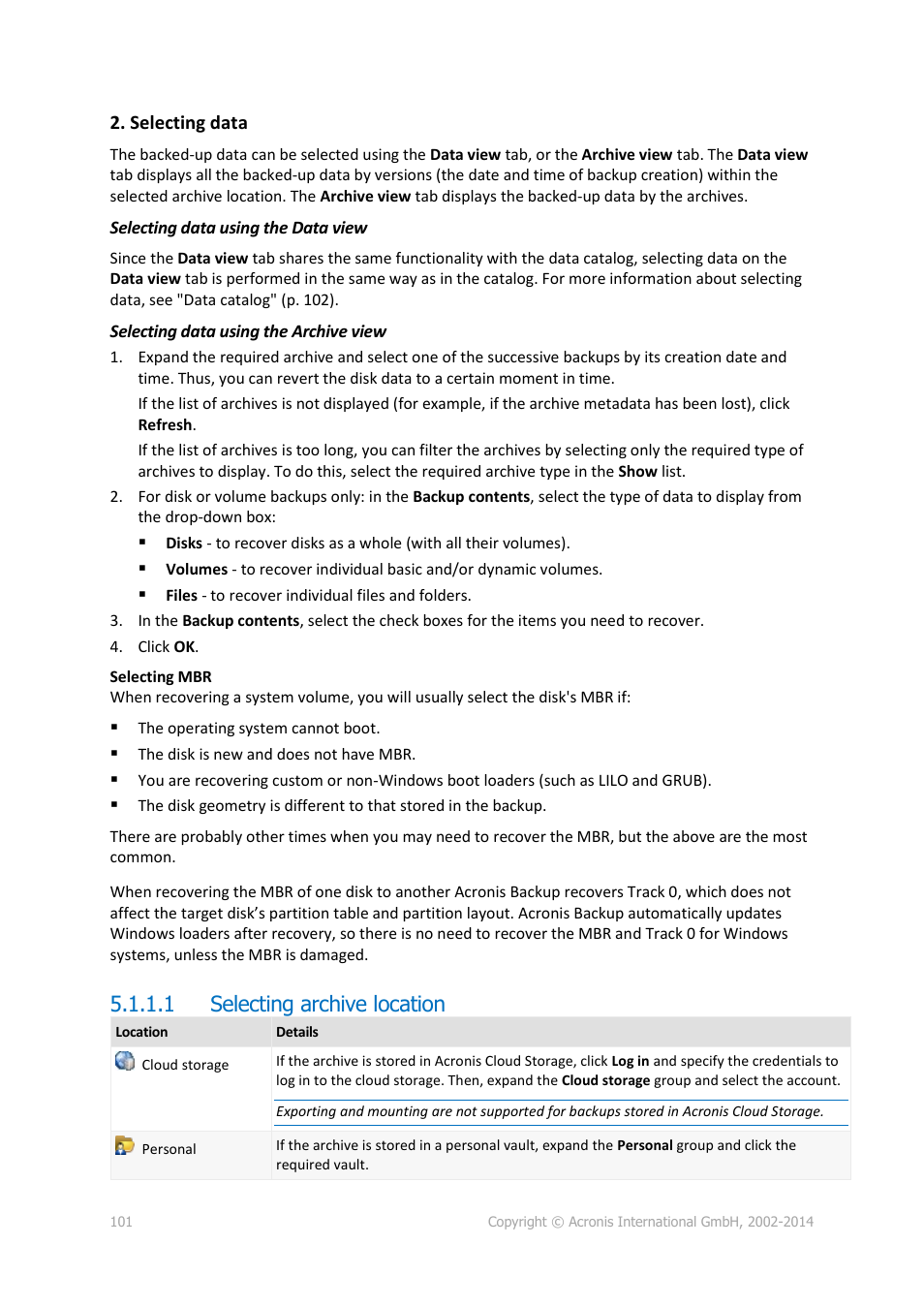 1 selecting archive location, P. 101) | Acronis Backup for PC - User Guide User Manual | Page 101 / 243