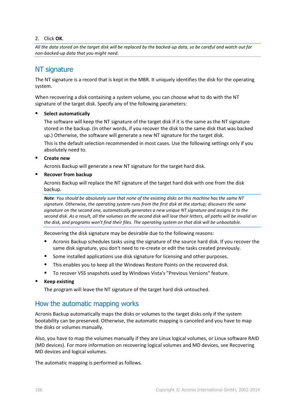Nt signature, How the automatic mapping works, P. 106) | Acronis Backup for PC - User Guide User Manual | Page 106 / 243