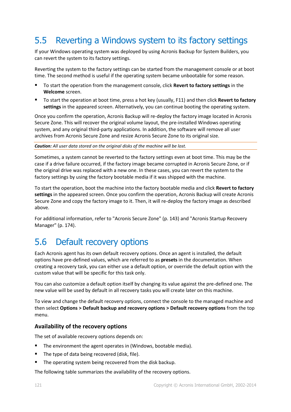 6 default recovery options, Reverting a windows system to its factory settings, Default recovery options | Acronis Backup for PC - User Guide User Manual | Page 121 / 243