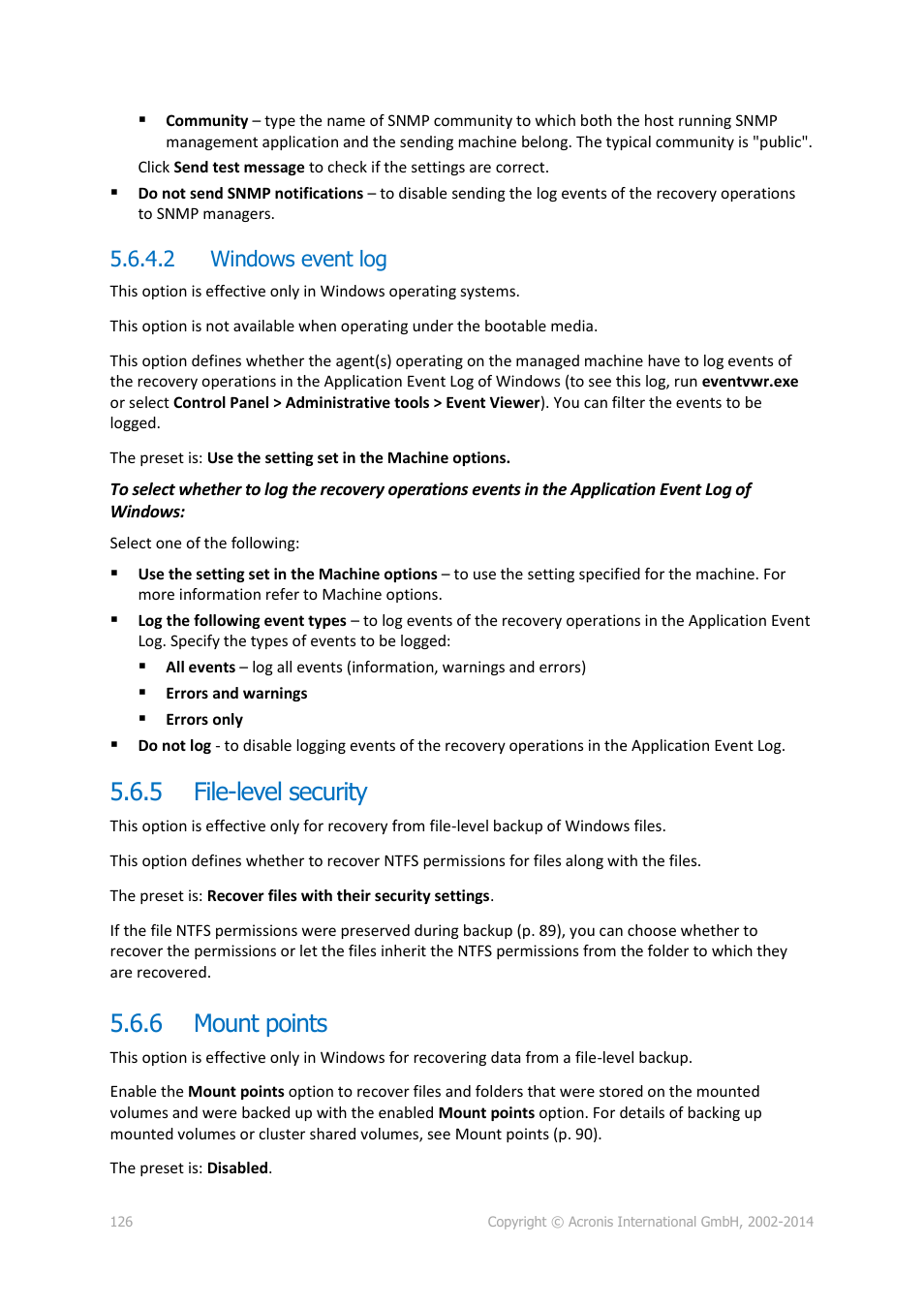 2 windows event log, 5 file-level security, 6 mount points | File-level security, Mount points | Acronis Backup for PC - User Guide User Manual | Page 126 / 243