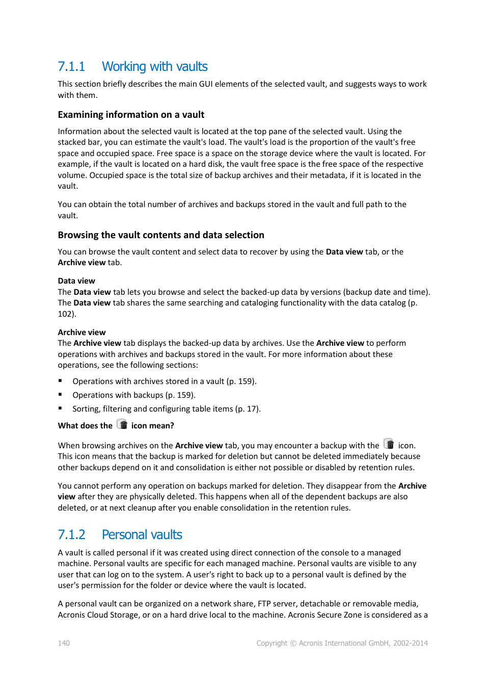 1 working with vaults, 2 personal vaults, Working with vaults | Personal vaults | Acronis Backup for PC - User Guide User Manual | Page 140 / 243