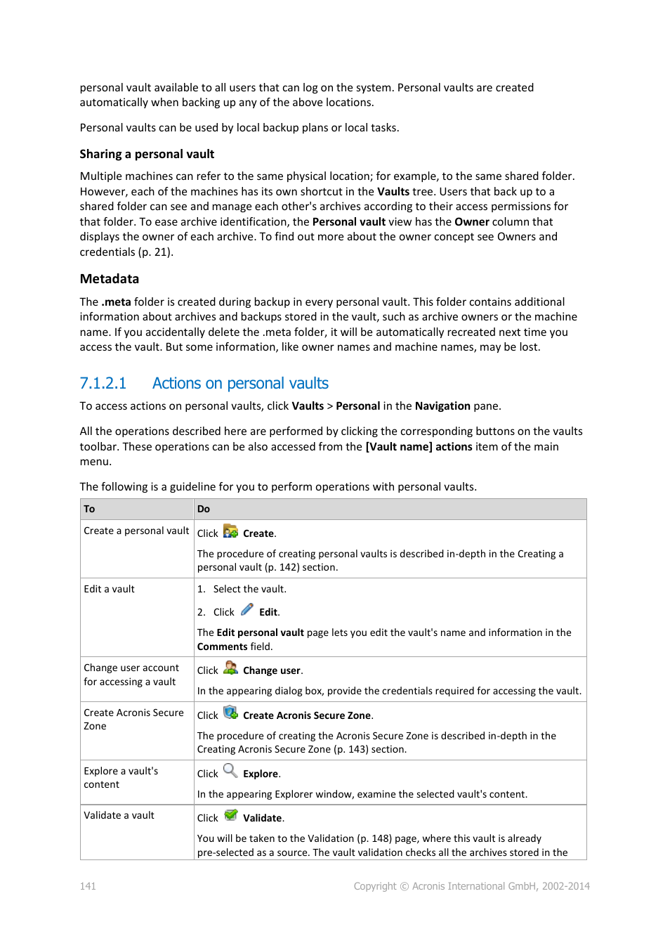 1 actions on personal vaults, Metadata | Acronis Backup for PC - User Guide User Manual | Page 141 / 243