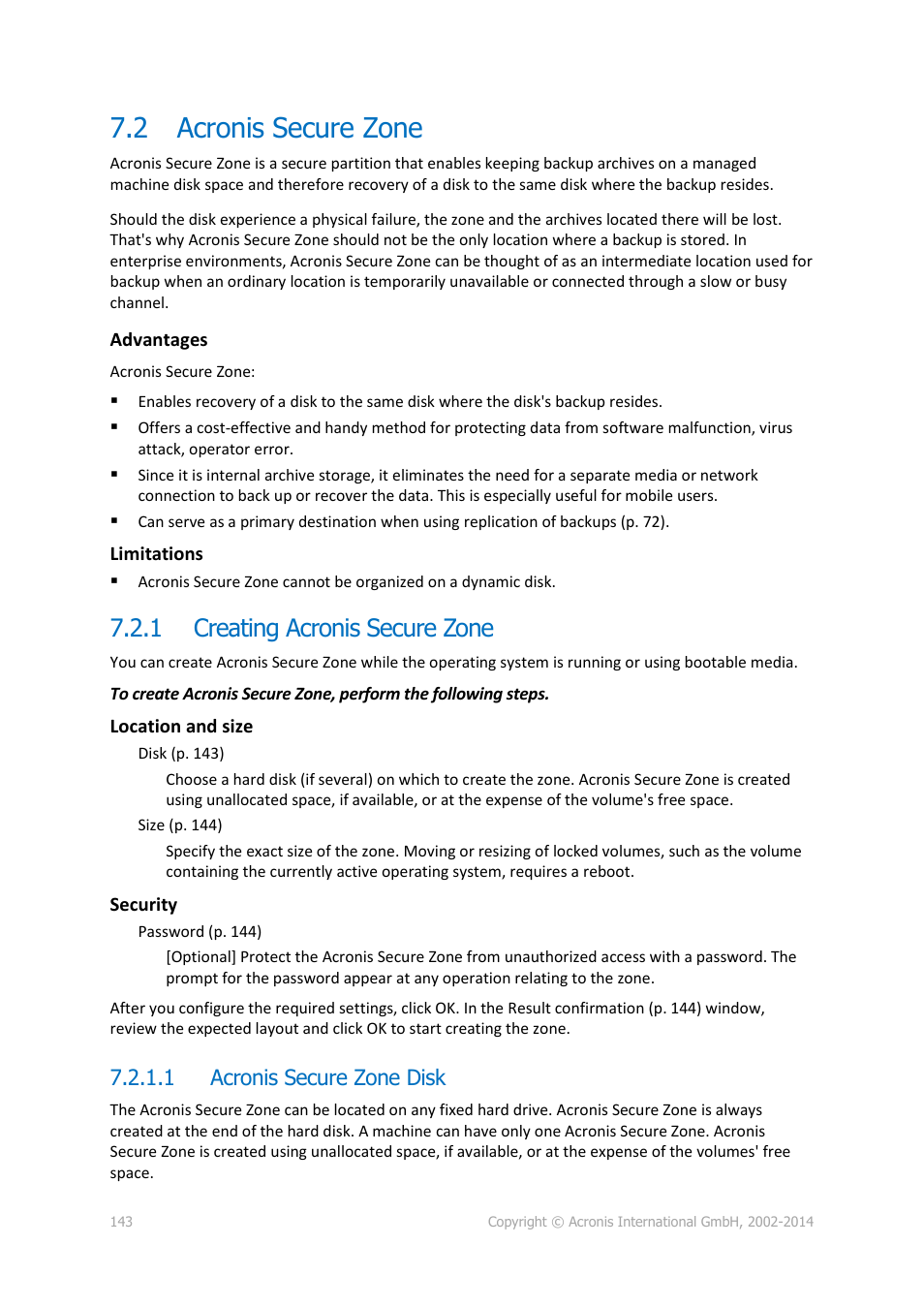 2 acronis secure zone, 1 creating acronis secure zone, 1 acronis secure zone disk | Acronis secure zone, Creating acronis secure zone | Acronis Backup for PC - User Guide User Manual | Page 143 / 243