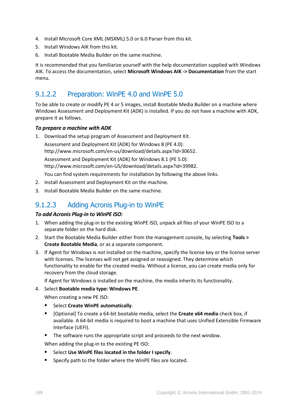 2 preparation: winpe 4.0 and winpe 5.0, 3 adding acronis plug-in to winpe | Acronis Backup for PC - User Guide User Manual | Page 169 / 243