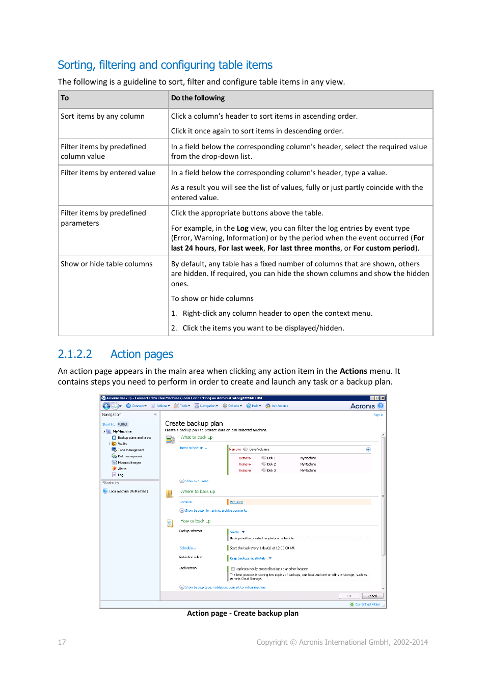 Sorting, filtering and configuring table items, 2 action pages | Acronis Backup for PC - User Guide User Manual | Page 17 / 243