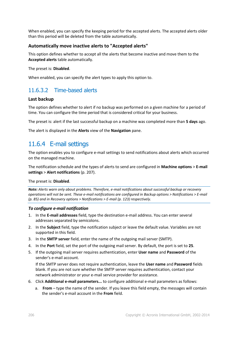 2 time-based alerts, 4 e-mail settings | Acronis Backup for PC - User Guide User Manual | Page 206 / 243