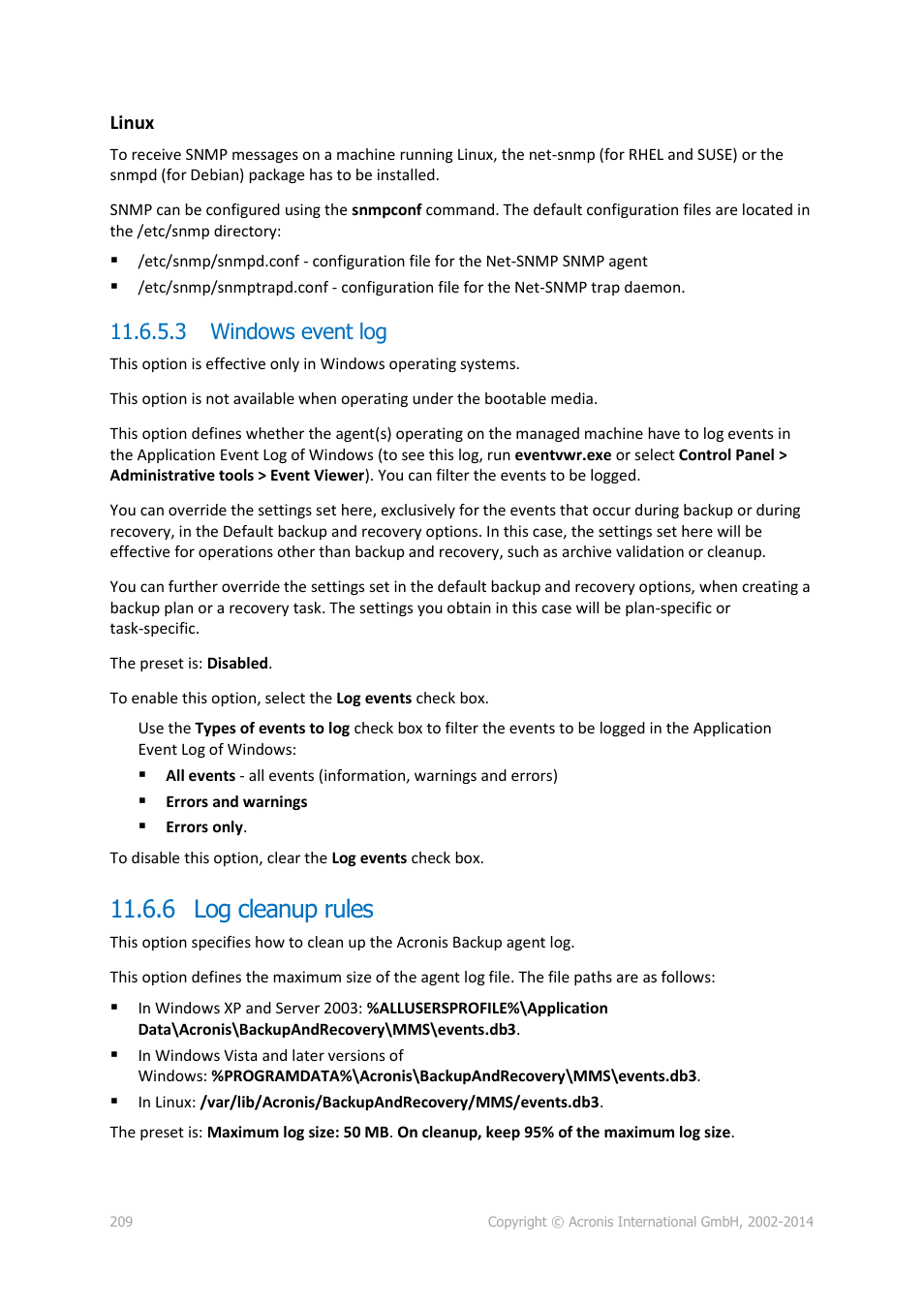 3 windows event log, 6 log cleanup rules | Acronis Backup for PC - User Guide User Manual | Page 209 / 243