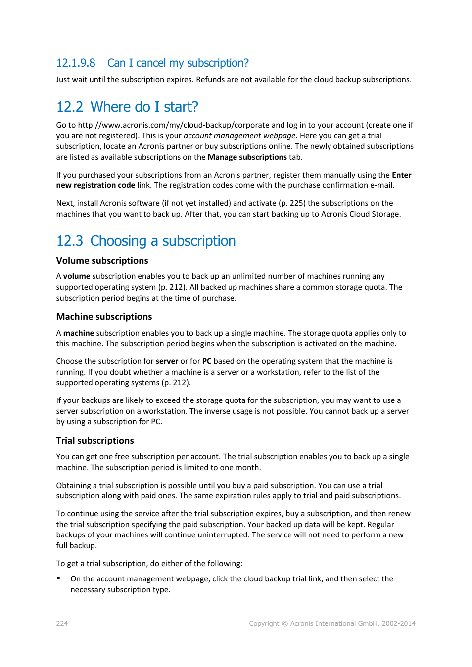 8 can i cancel my subscription, 2 where do i start, 3 choosing a subscription | Where do i start, Choosing a subscription | Acronis Backup for PC - User Guide User Manual | Page 224 / 243