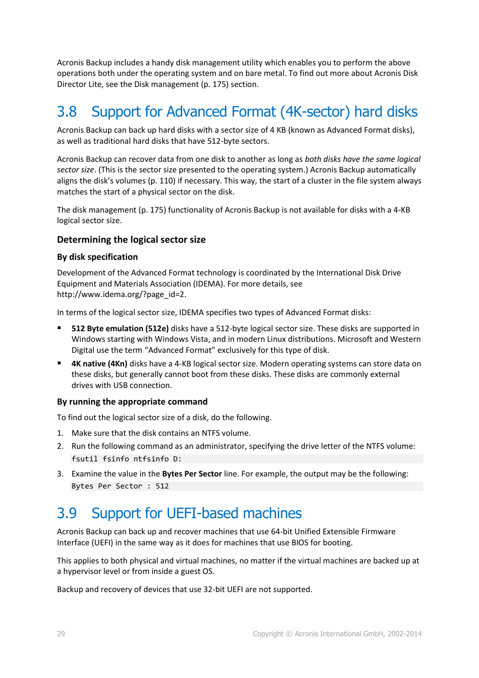 9 support for uefi-based machines, Support for advanced format (4k-sector) hard disks, Support for uefi-based machines | Acronis Backup for PC - User Guide User Manual | Page 29 / 243