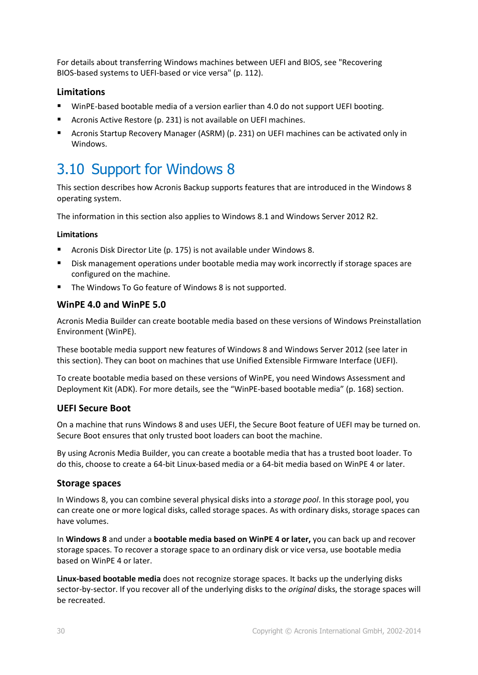10 support for windows 8, Support for windows 8 | Acronis Backup for PC - User Guide User Manual | Page 30 / 243