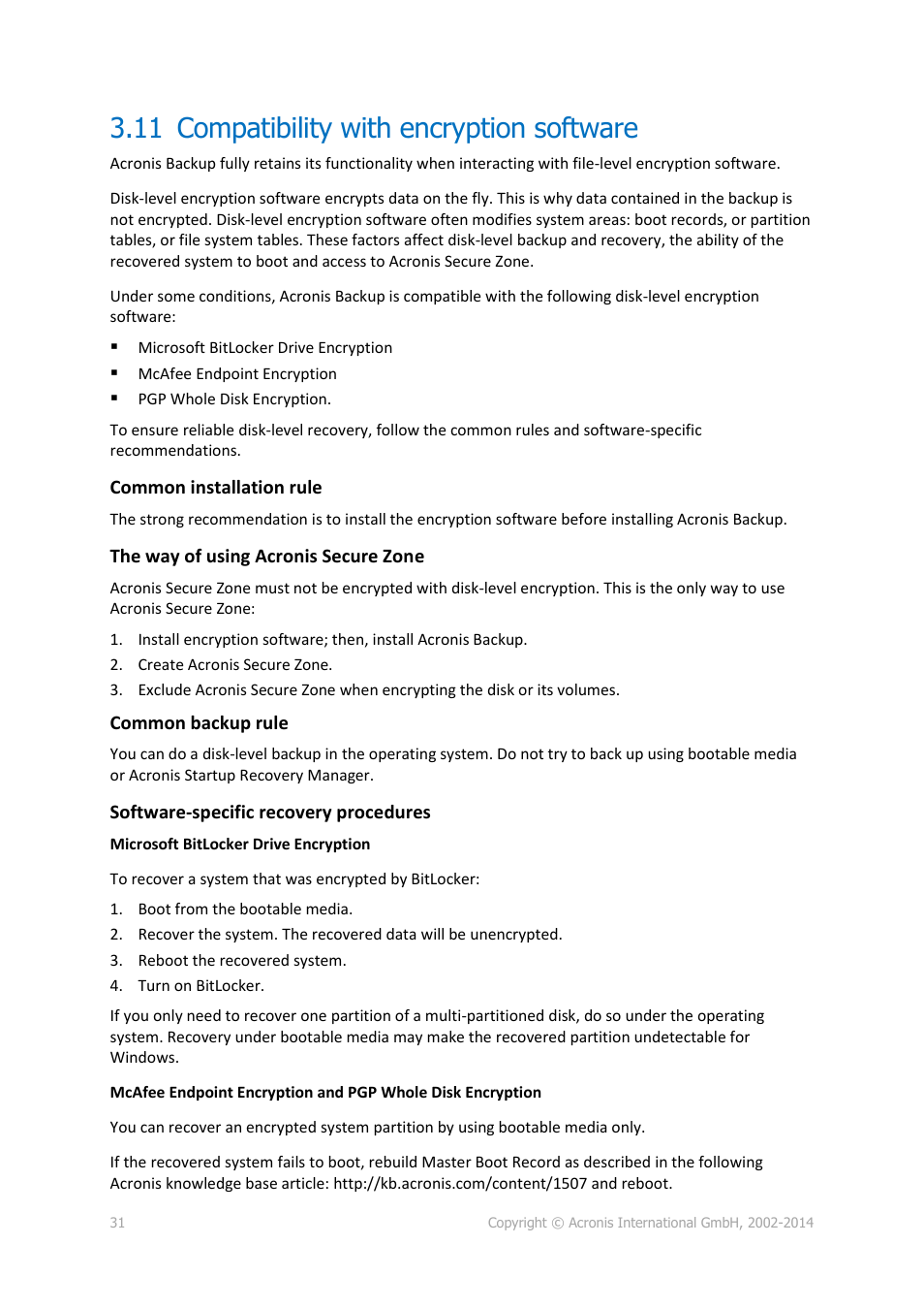 11 compatibility with encryption software, Compatibility with encryption software | Acronis Backup for PC - User Guide User Manual | Page 31 / 243