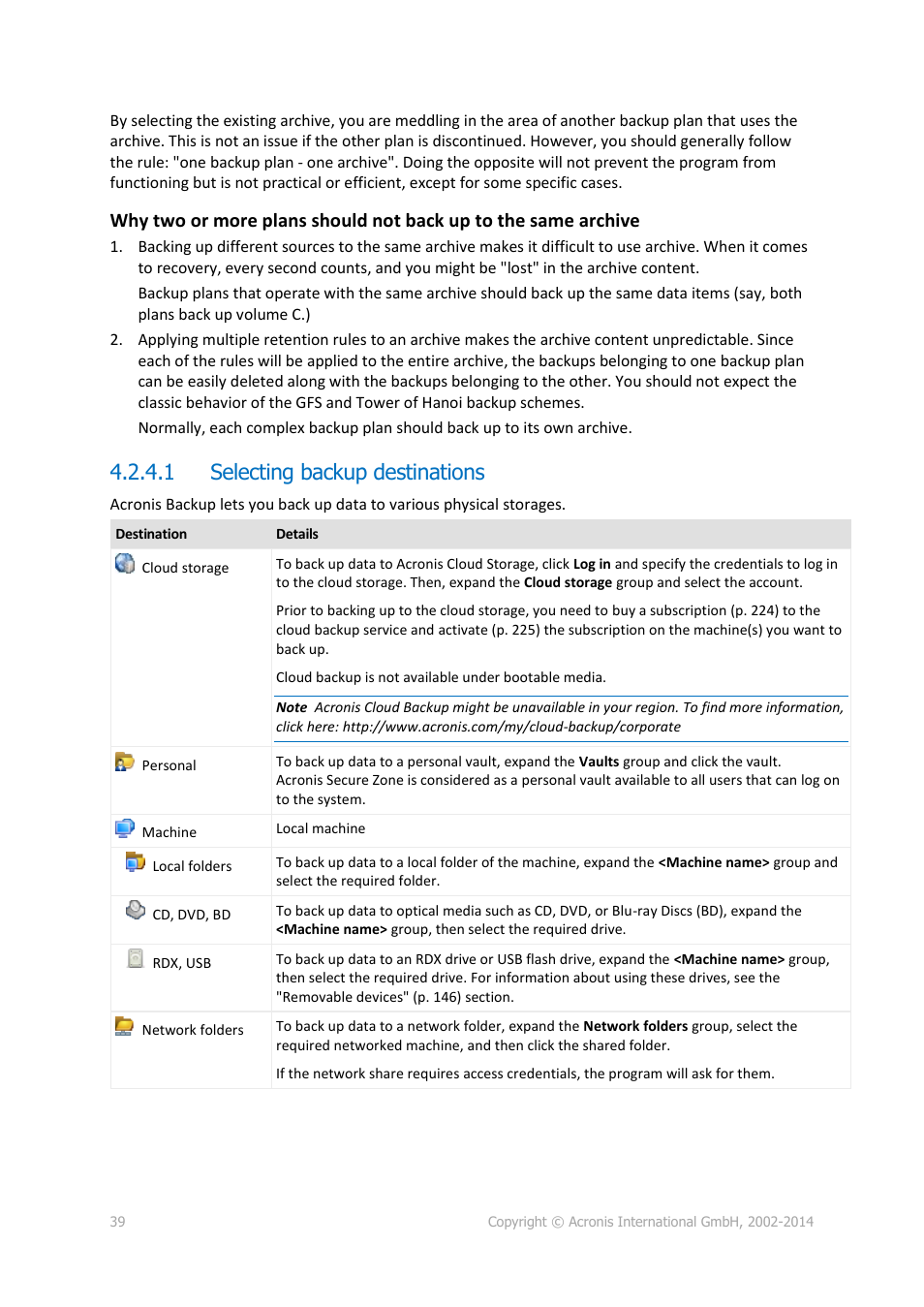 1 selecting backup destinations | Acronis Backup for PC - User Guide User Manual | Page 39 / 243
