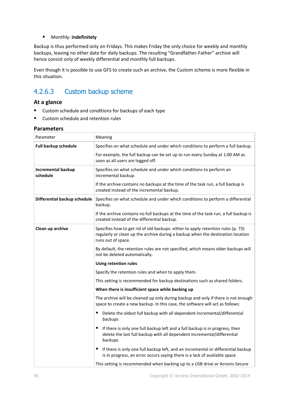 3 custom backup scheme, At a glance, Parameters | Acronis Backup for PC - User Guide User Manual | Page 45 / 243