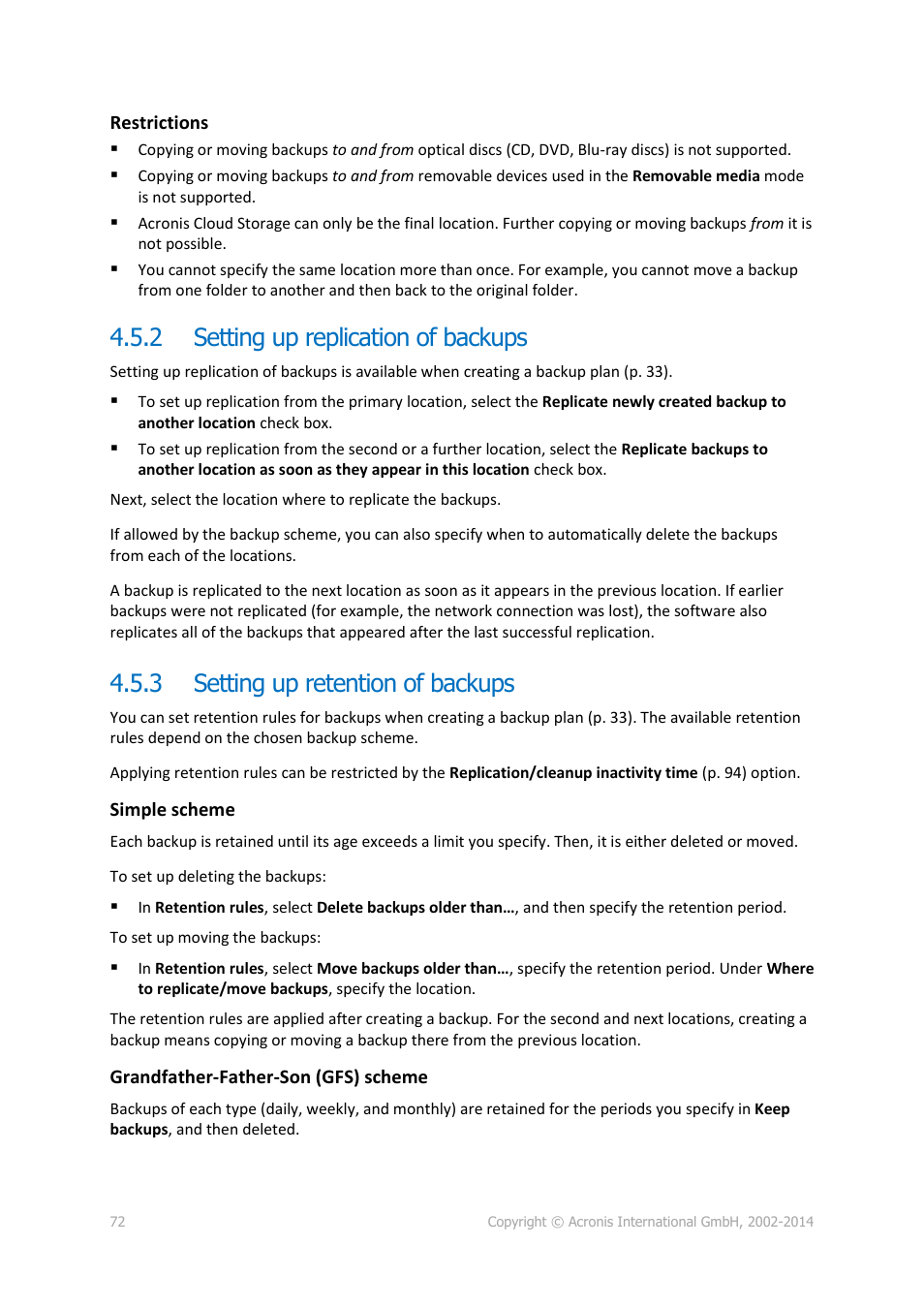 2 setting up replication of backups, 3 setting up retention of backups, Setting up replication of backups | Setting up retention of backups | Acronis Backup for PC - User Guide User Manual | Page 72 / 243
