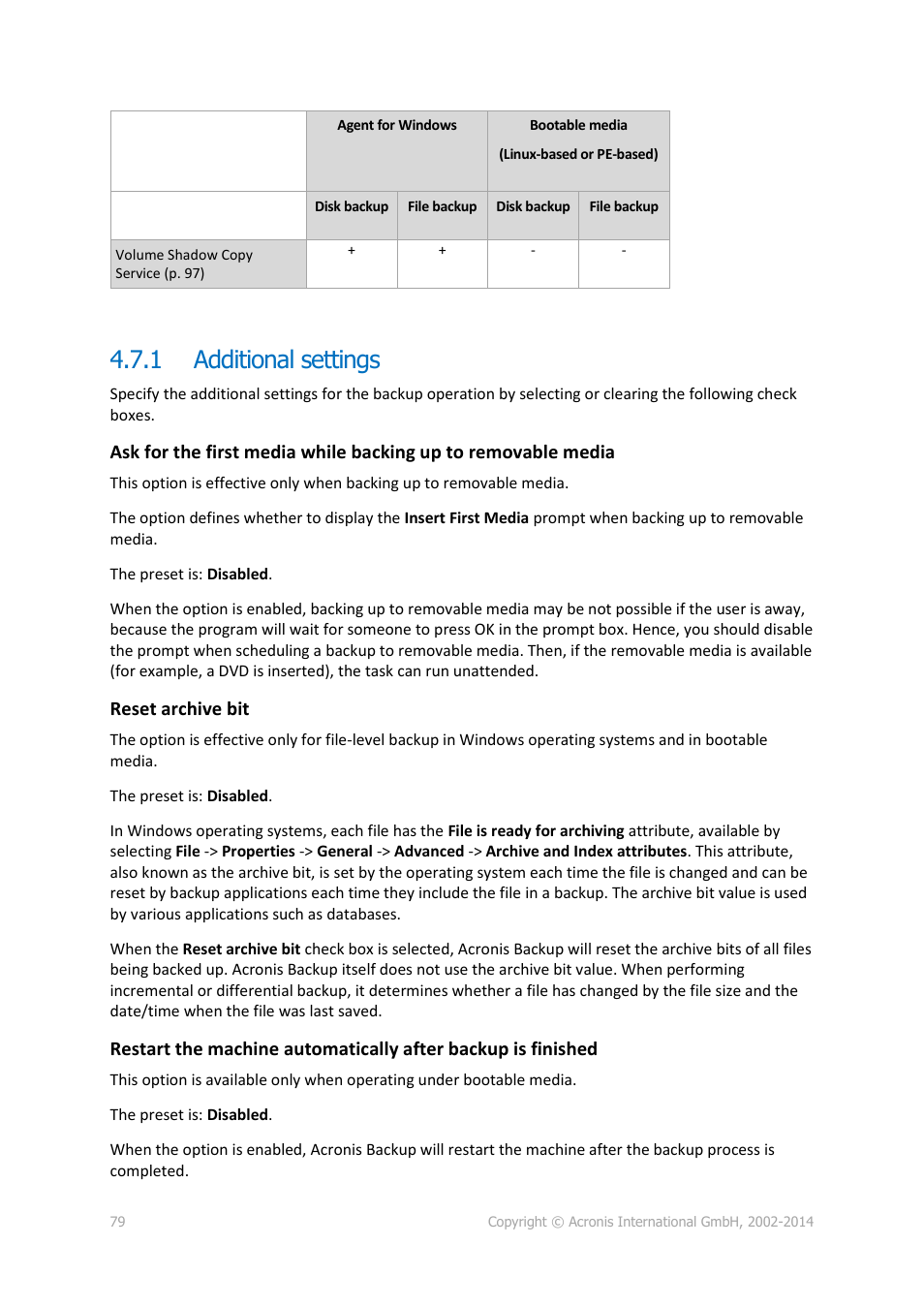 1 additional settings, Additional settings, Reset archive bit | Acronis Backup for PC - User Guide User Manual | Page 79 / 243
