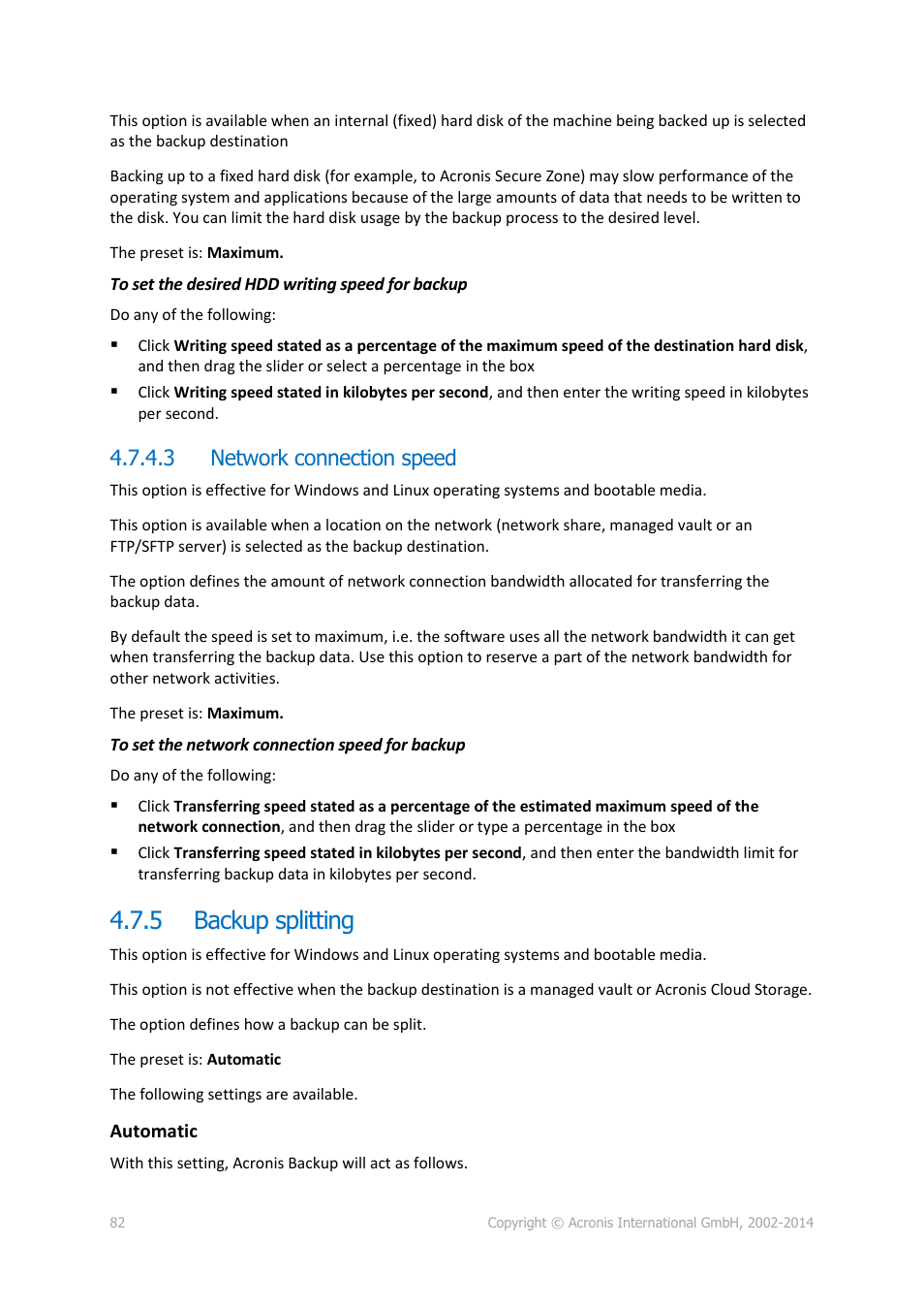 3 network connection speed, 5 backup splitting, Backup splitting | Acronis Backup for PC - User Guide User Manual | Page 82 / 243
