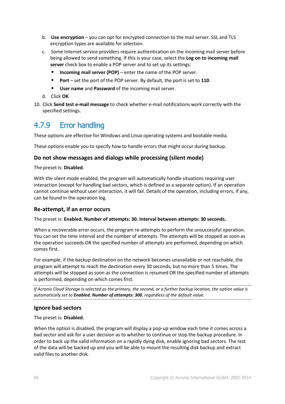 9 error handling, Error handling | Acronis Backup for PC - User Guide User Manual | Page 86 / 243