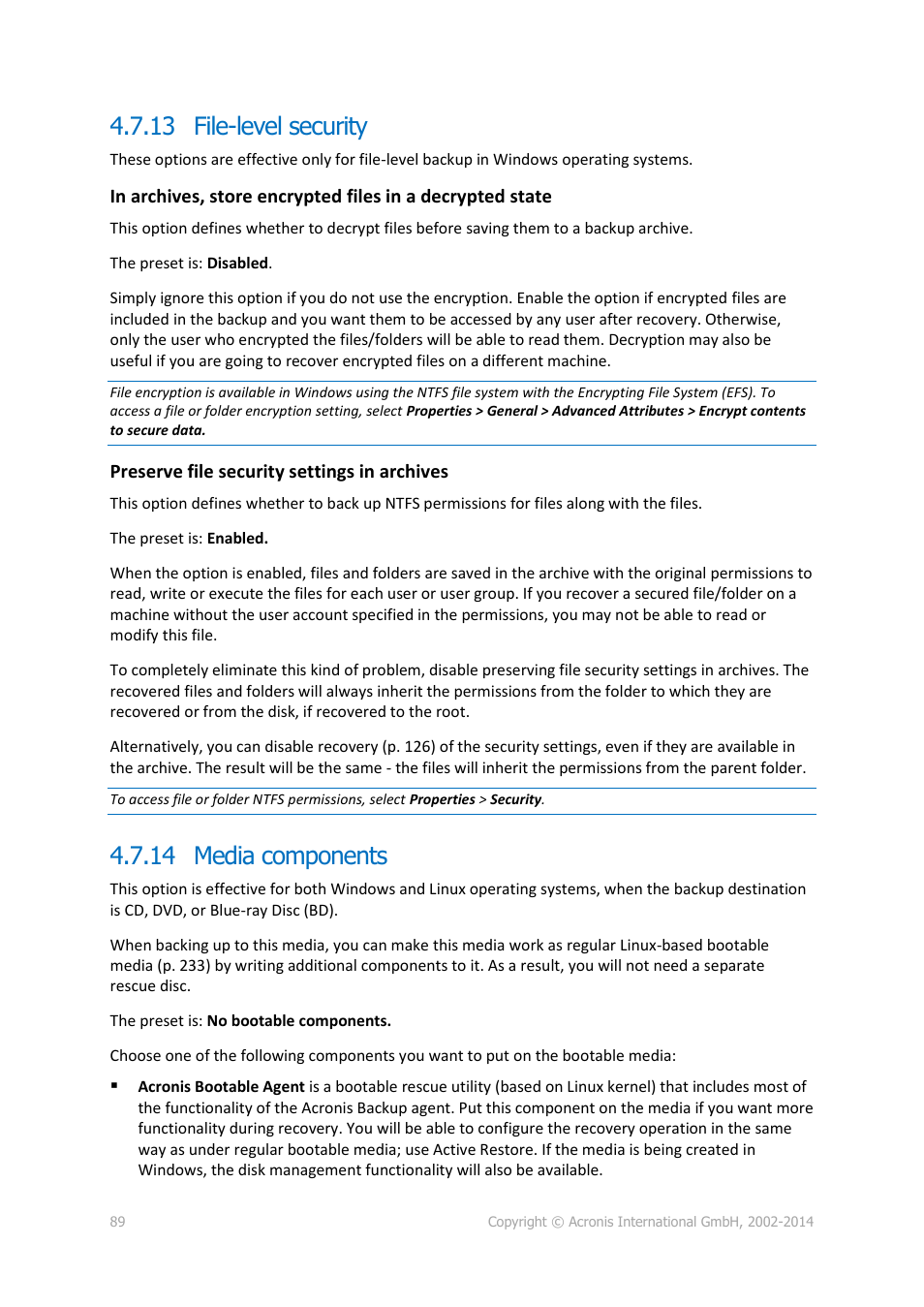 13 file-level security, 14 media components, 13 file-level security 4.7.14 media components | Acronis Backup for PC - User Guide User Manual | Page 89 / 243