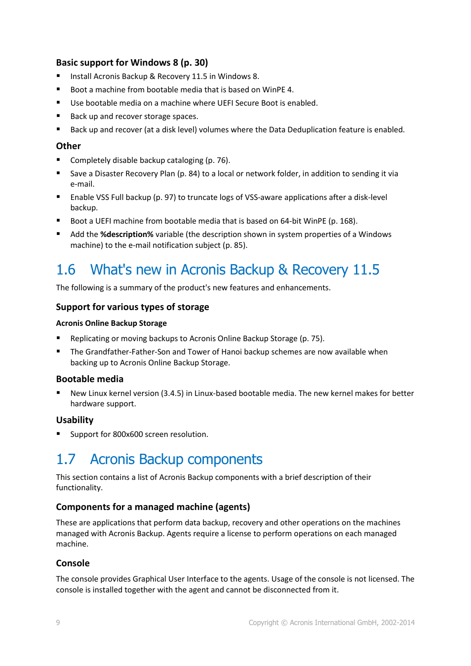 6 what's new in acronis backup & recovery 11.5, 7 acronis backup components, What's new in acronis backup & recovery 11.5 | Acronis backup components | Acronis Backup for PC - User Guide User Manual | Page 9 / 243