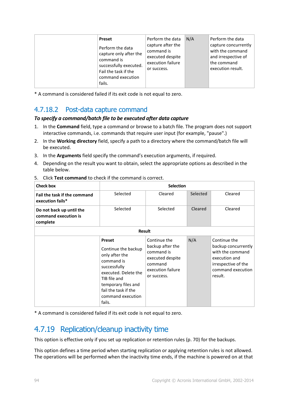 2 post-data capture command, 19 replication/cleanup inactivity time | Acronis Backup for PC - User Guide User Manual | Page 94 / 243