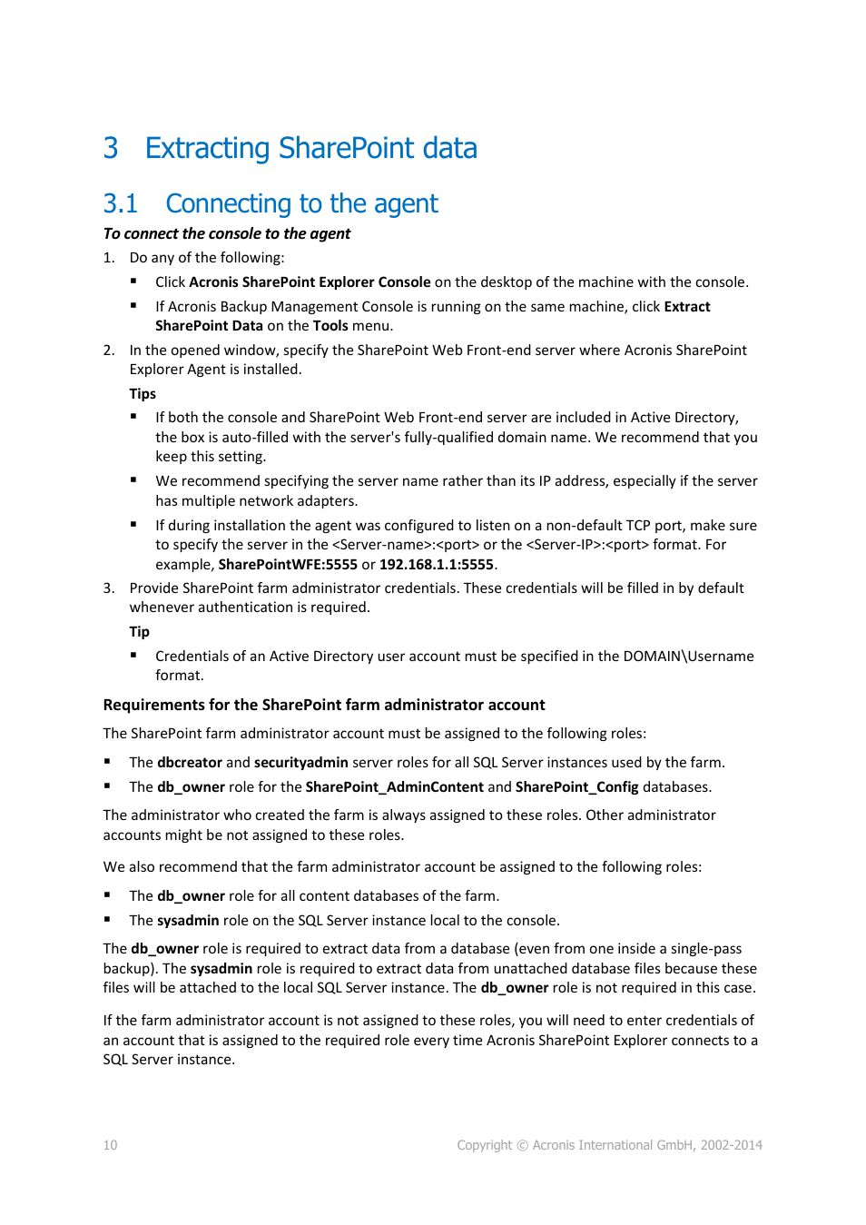 3 extracting sharepoint data, 1 connecting to the agent, Extracting sharepoint data | Connecting to the agent | Acronis SharePoint Explorer - User Guide User Manual | Page 10 / 18
